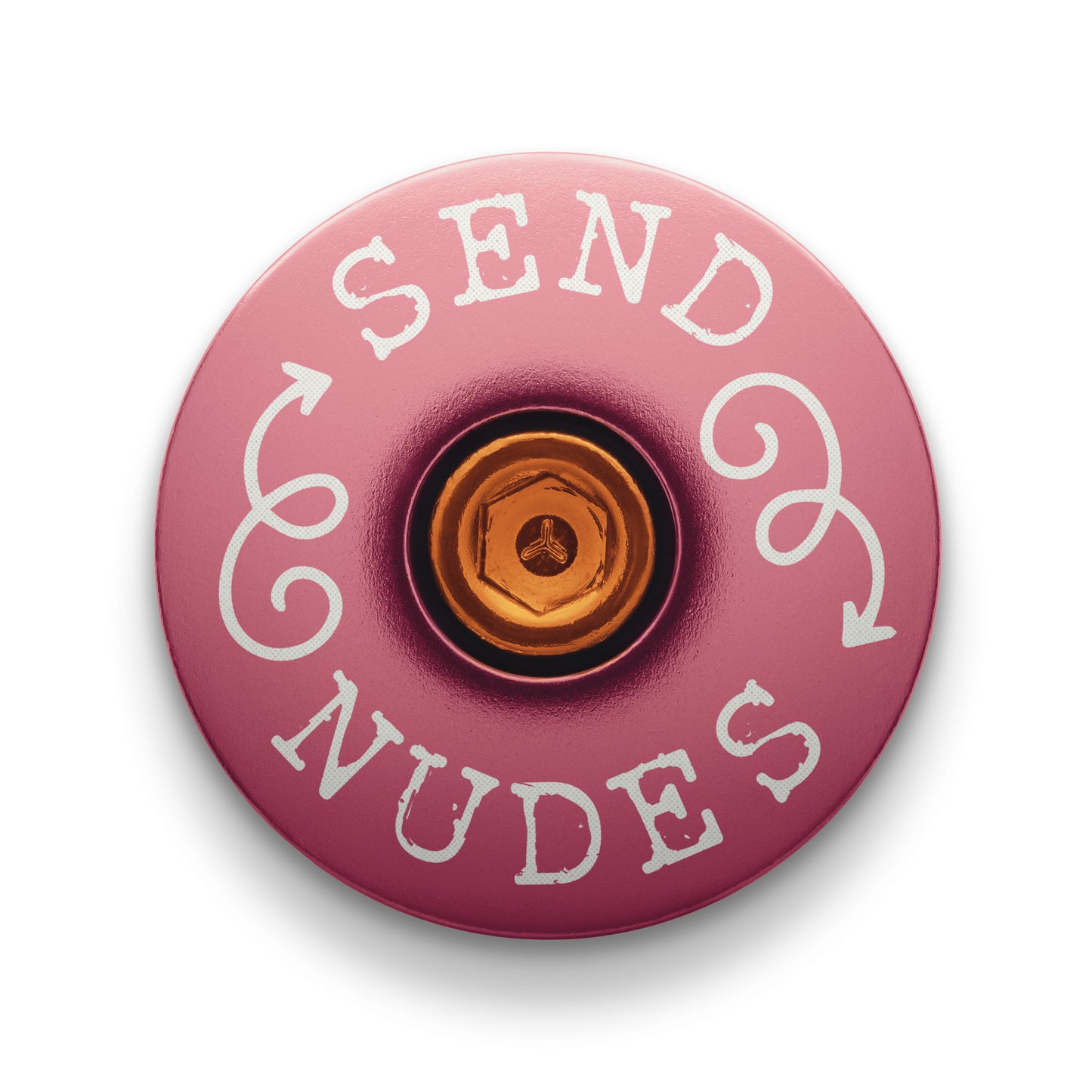 Pink stem top cap for adding a custom touch to your bicycle.
