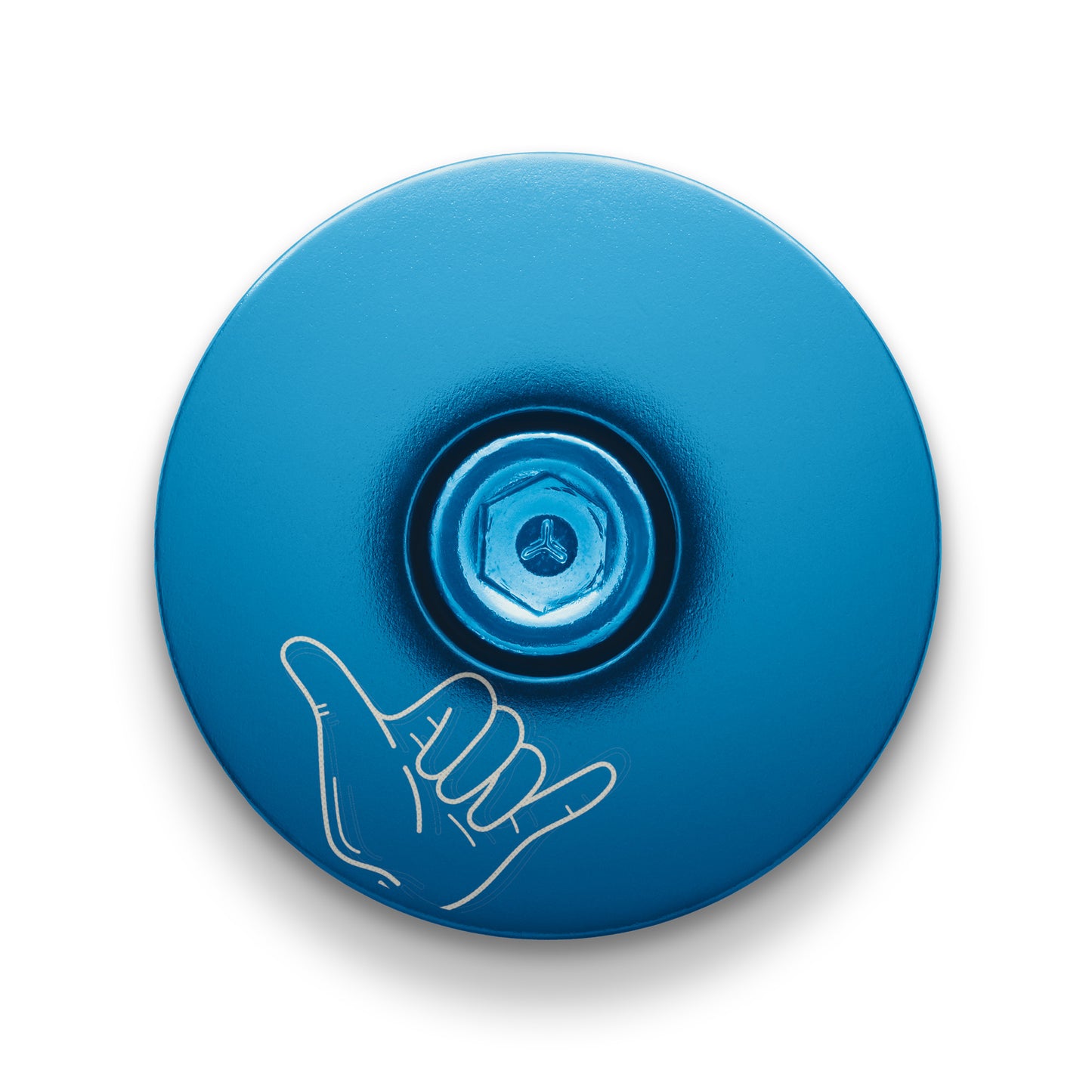 Blue bicycle stem cap for modern bikes made from lightweight aluminum for a personalized cycling upgrade.