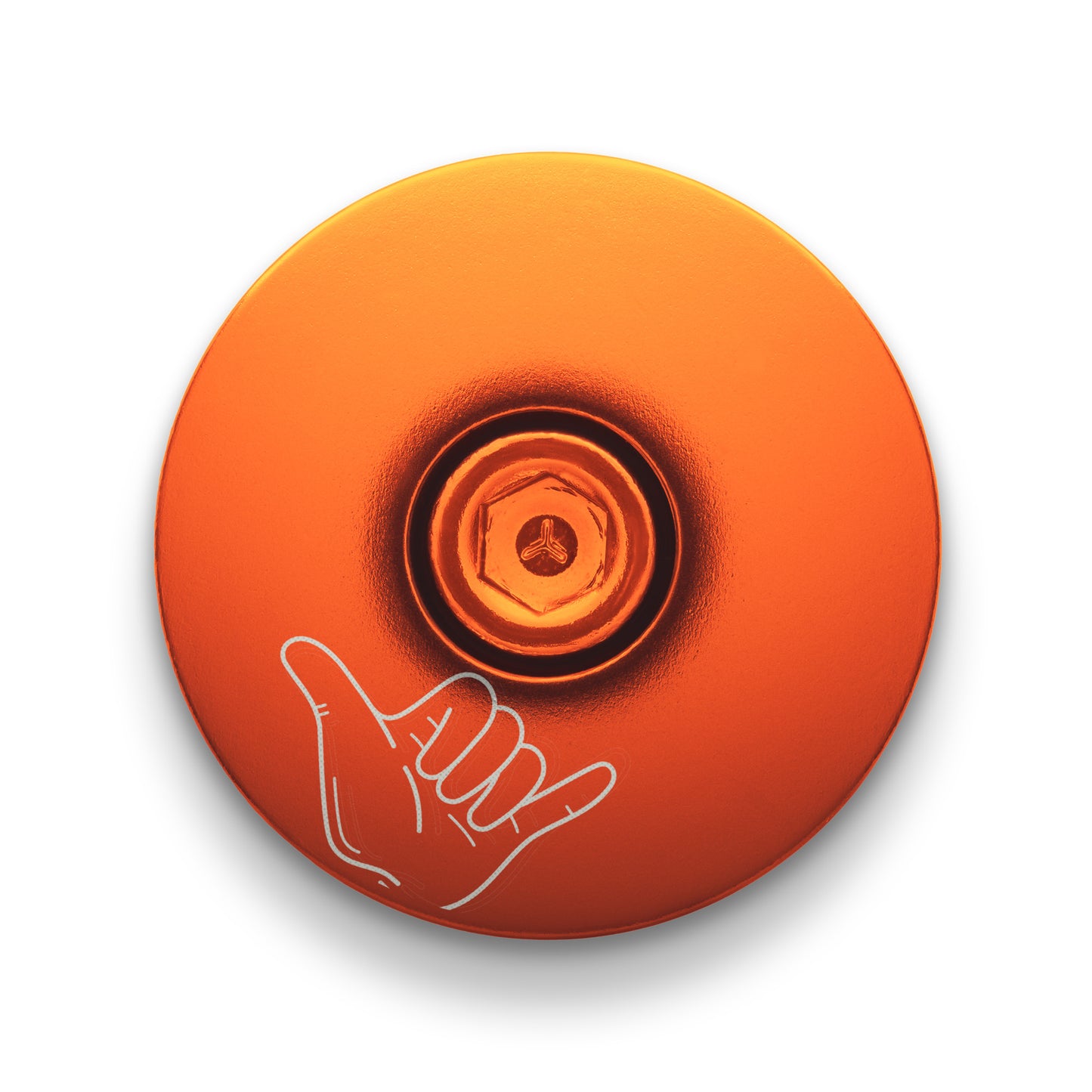 Orange bicycle headset cap made from durable aluminum fits most modern bike types.