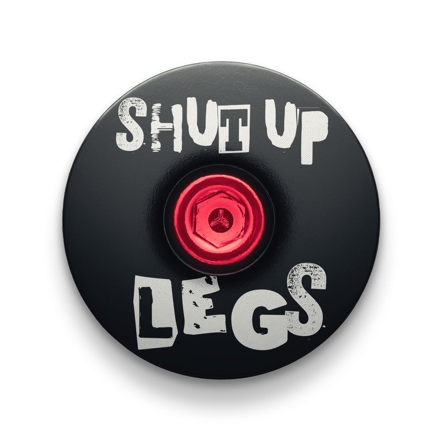 Black bicycle headset cap with Shut Up Legs design fits 1 1/8-inch steerer tubes ideal for bike upgrades.