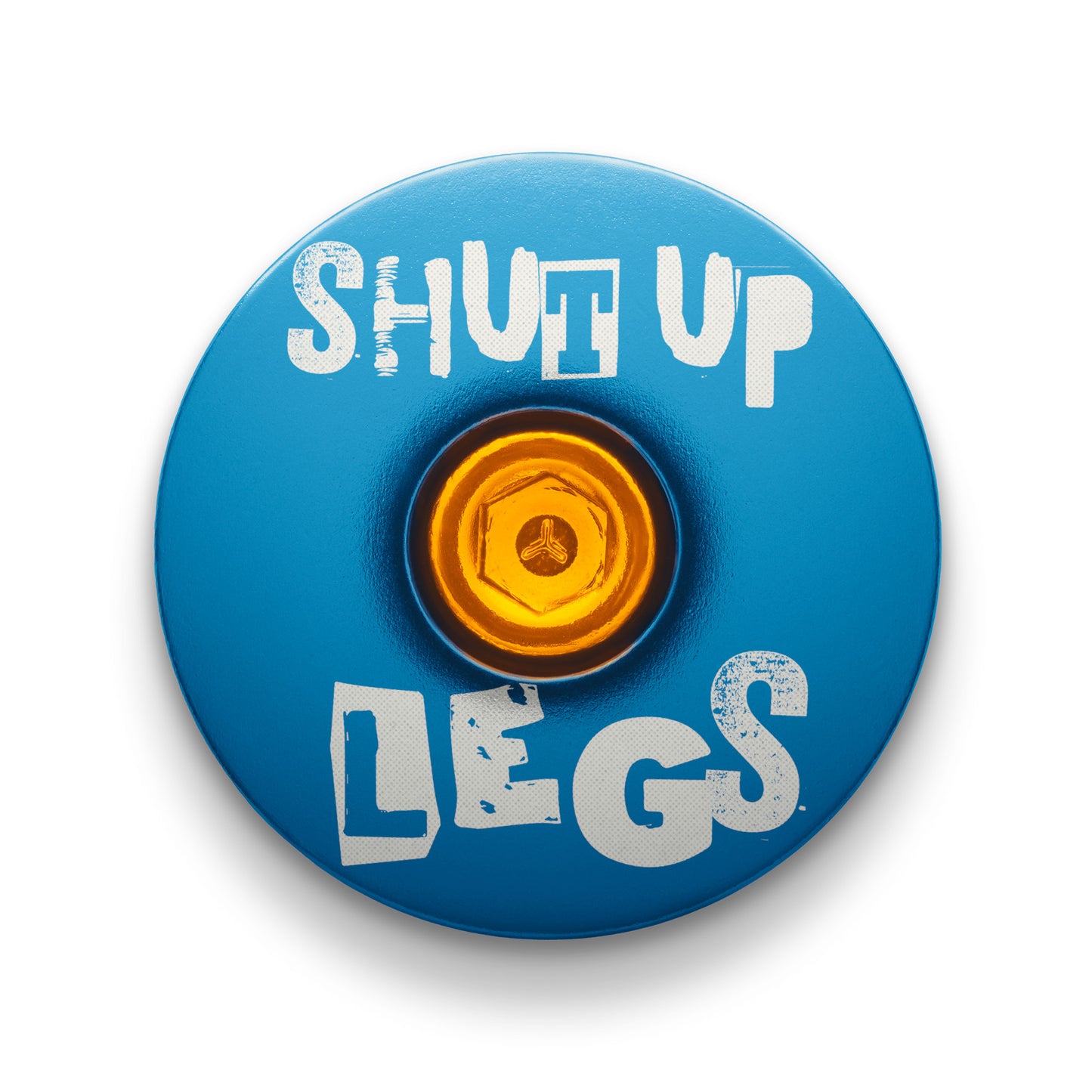Blue bicycle headset cap with Shut Up Legs design fits 1 1/8-inch steerer tubes ideal for bike upgrades.