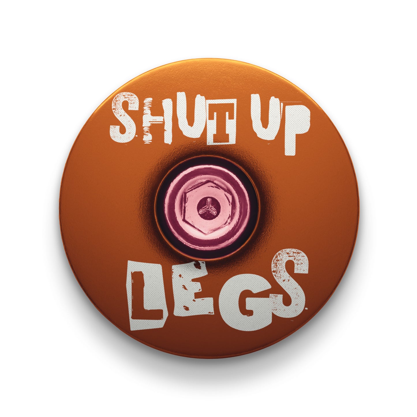 Brown bicycle headset cap with Shut Up Legs design fits 1 1/8-inch steerer tubes ideal for bike upgrades.