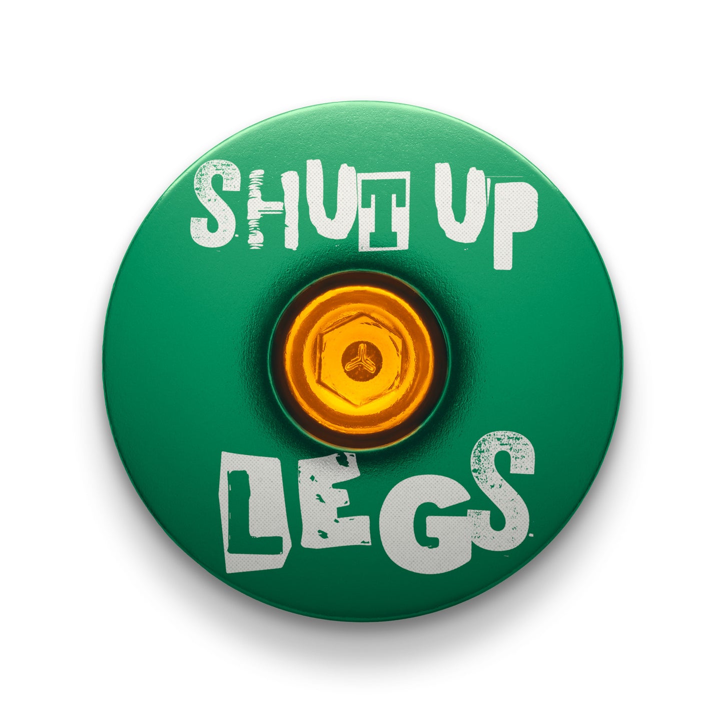 Dark green bicycle headset cap with Shut Up Legs design fits 1 1/8-inch steerer tubes ideal for bike upgrades.
