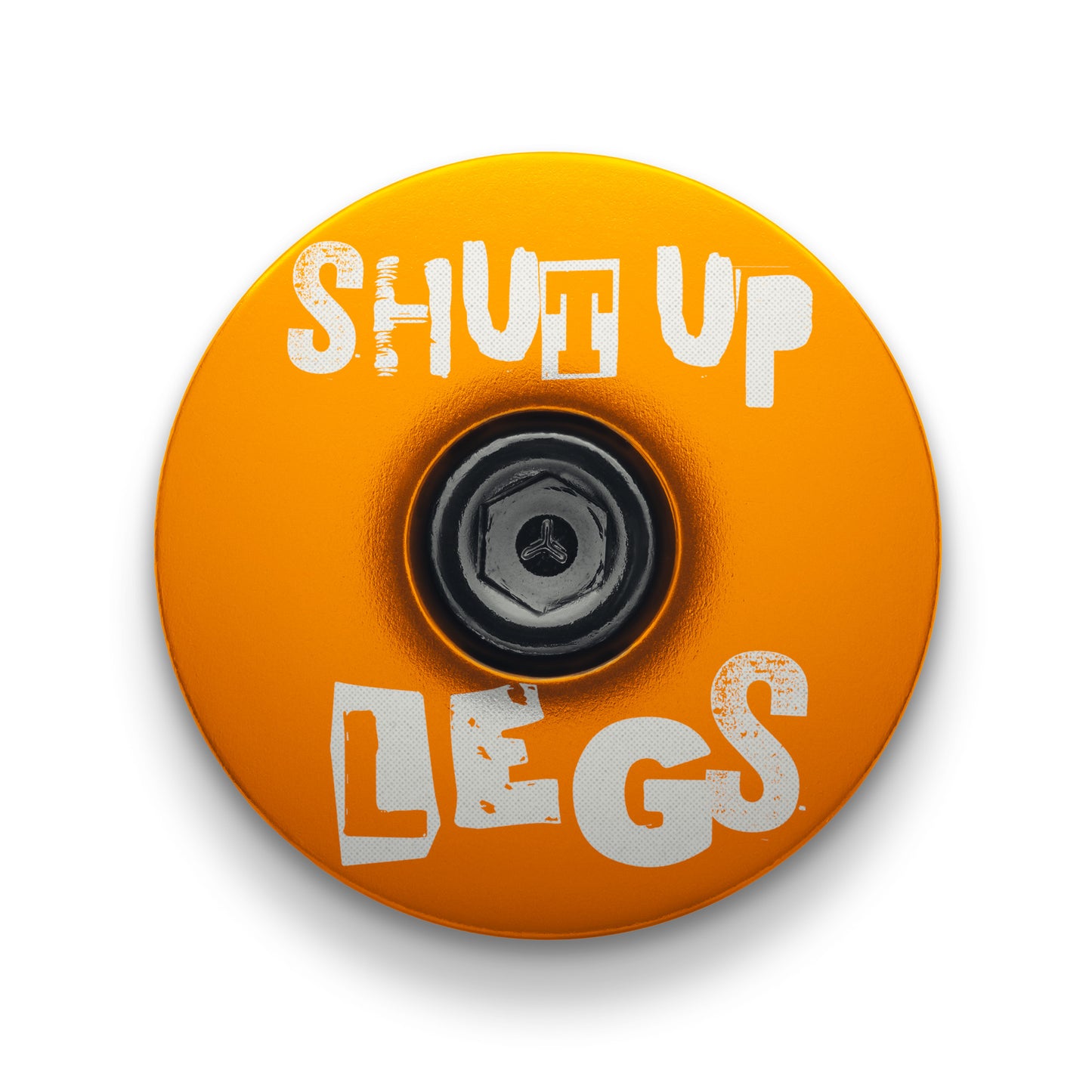 Gold bicycle headset cap with Shut Up Legs design fits 1 1/8-inch steerer tubes ideal for bike upgrades.
