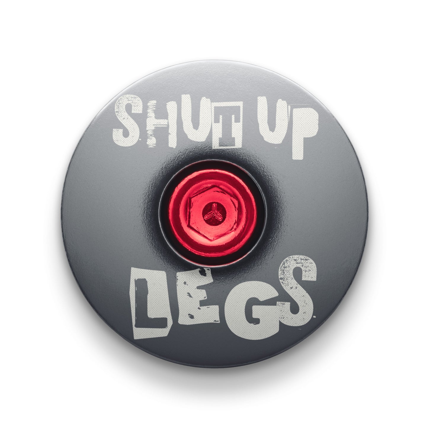 Gray bicycle headset cap with Shut Up Legs design fits 1 1/8-inch steerer tubes ideal for bike upgrades.