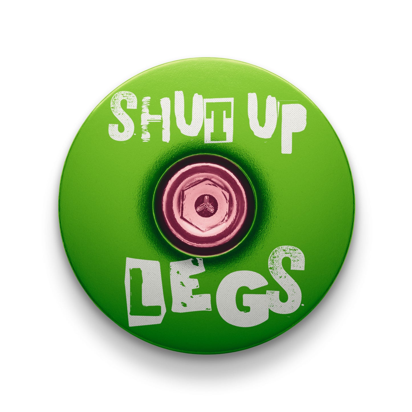Lime green bicycle headset cap with Shut Up Legs design fits 1 1/8-inch steerer tubes ideal for bike upgrades.