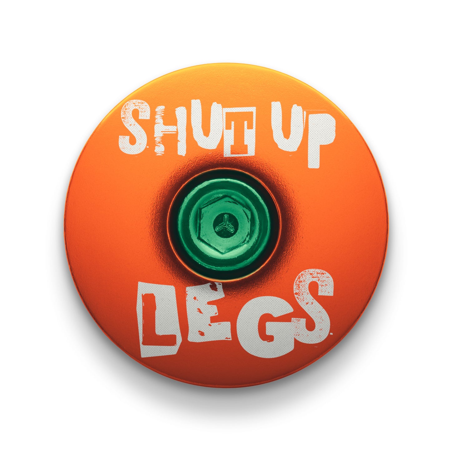 Orange bicycle headset cap with Shut Up Legs design fits 1 1/8-inch steerer tubes ideal for bike upgrades.