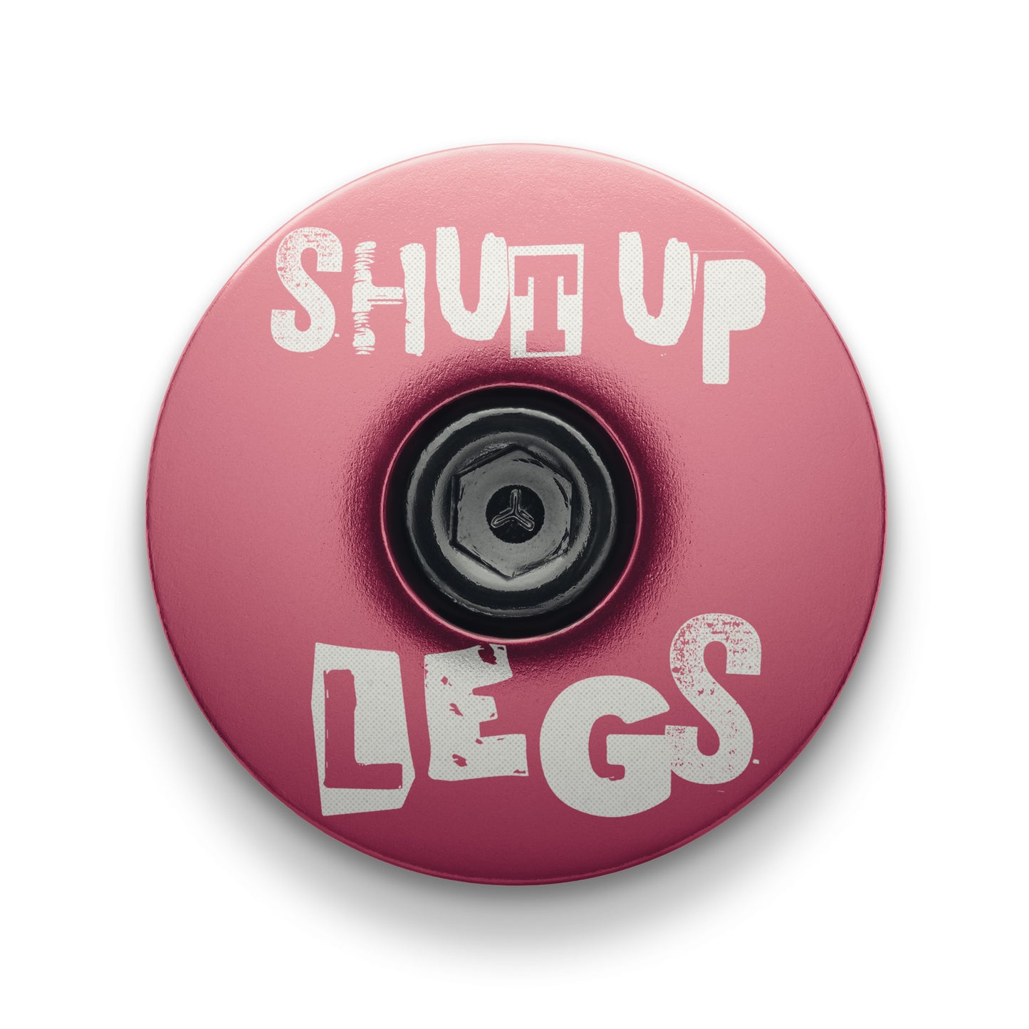 Pink bicycle headset cap with Shut Up Legs design fits 1 1/8-inch steerer tubes ideal for bike upgrades.