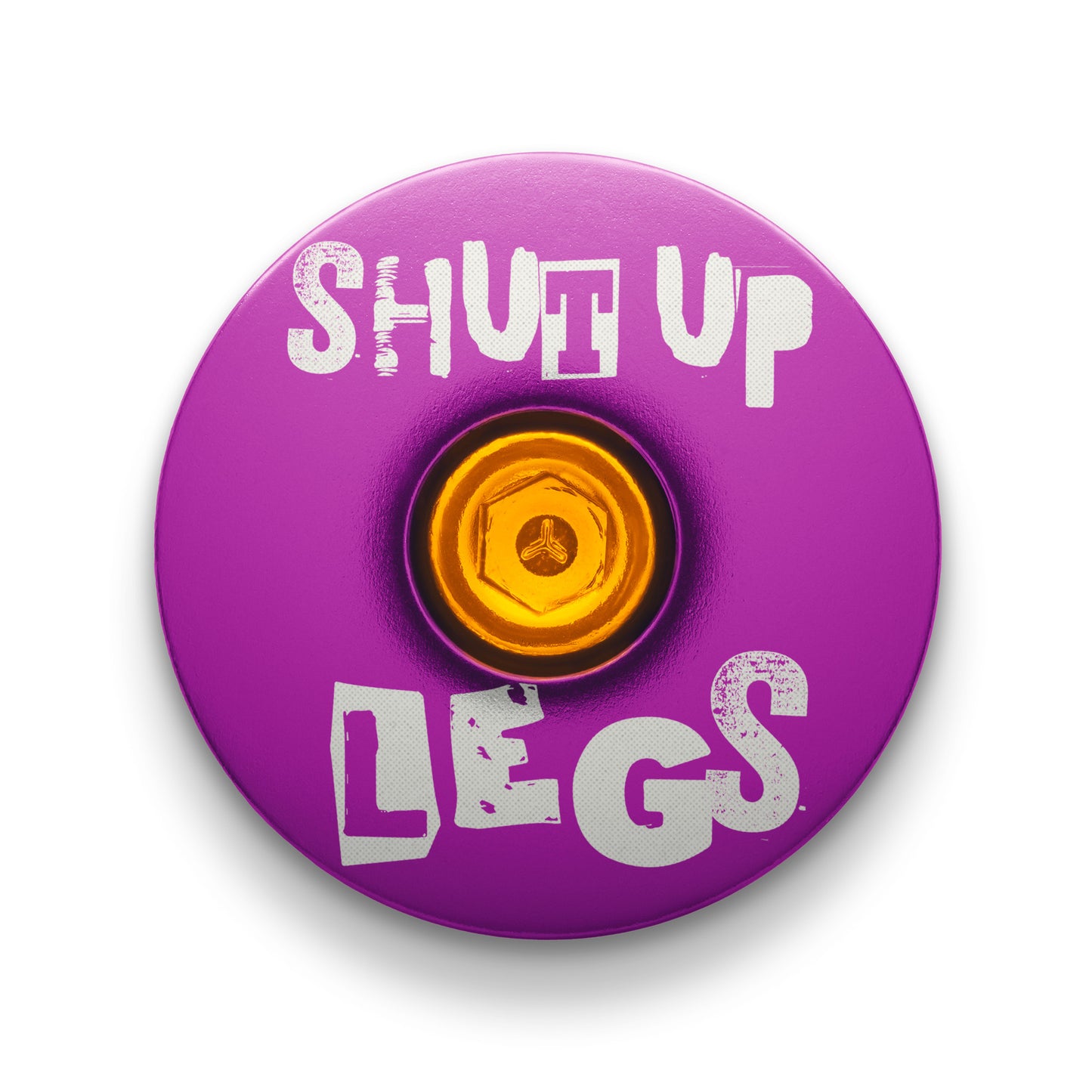 Purple bicycle headset cap with Shut Up Legs design fits 1 1/8-inch steerer tubes ideal for bike upgrades.