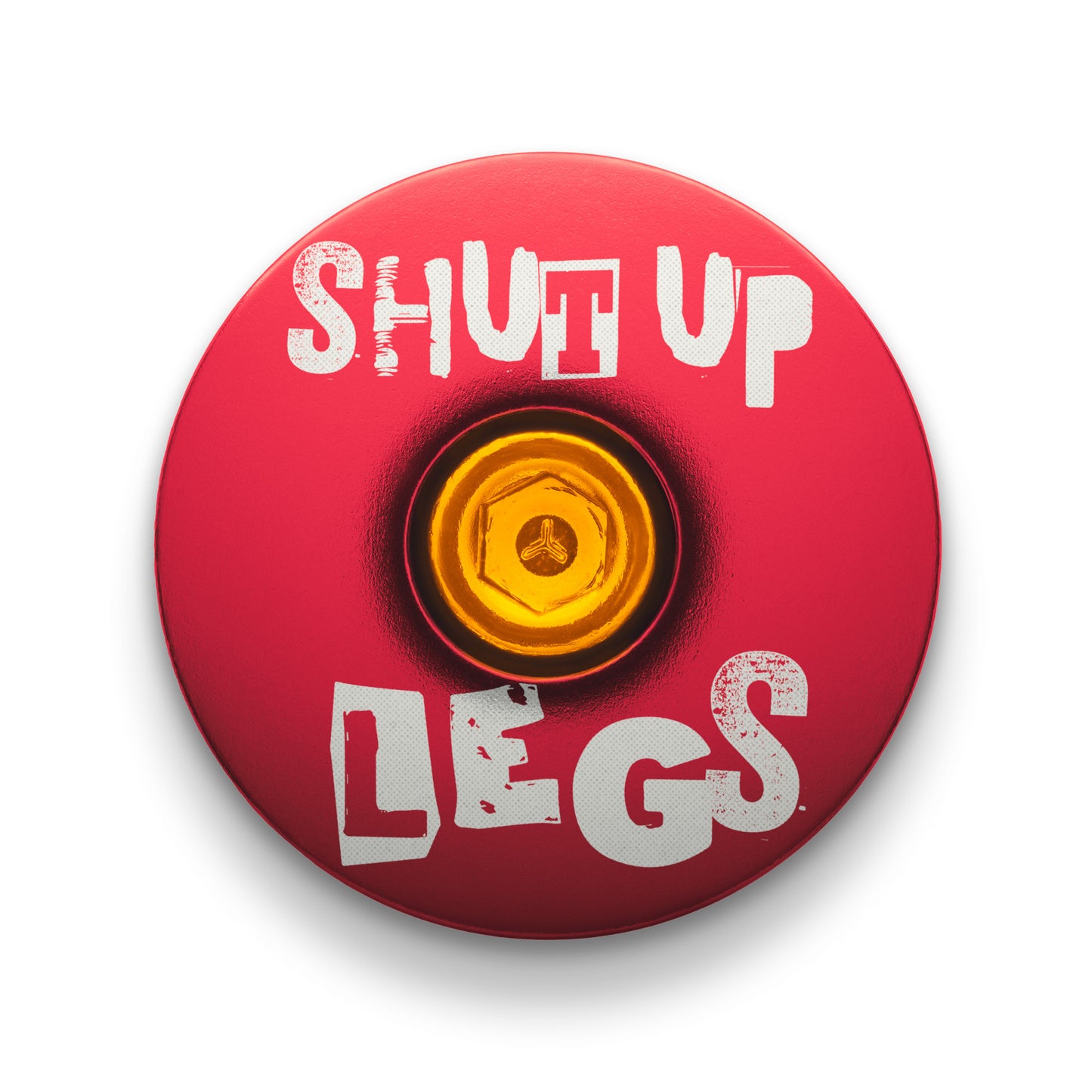 Red bicycle headset cap with Shut Up Legs design fits 1 1/8-inch steerer tubes ideal for bike upgrades.
