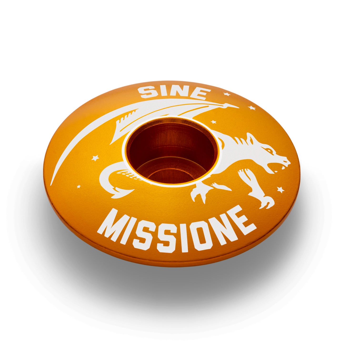 Gold headset cap with Gargoyle mascot design for a personalized bicycle.