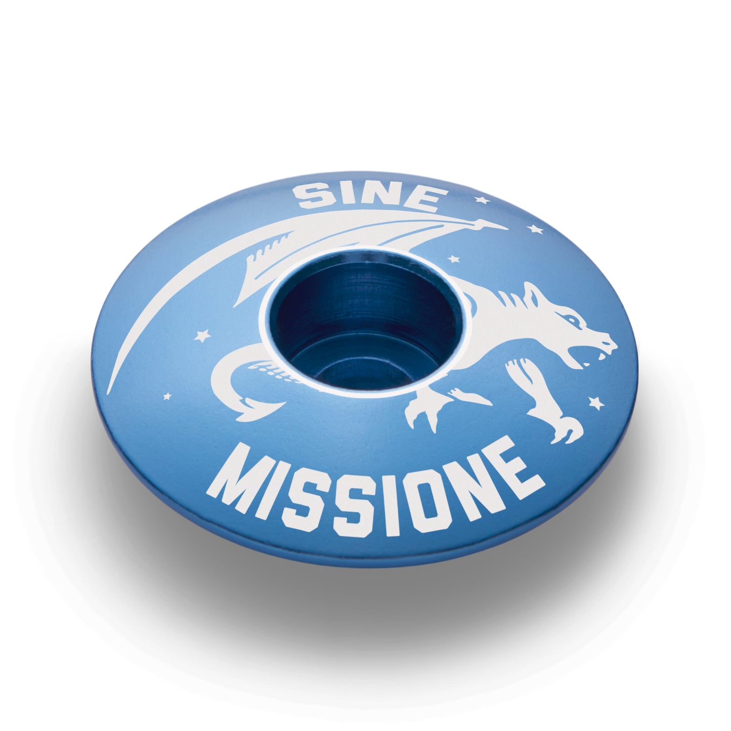 Blue bike headset cap with Gargoyle mascot design for a custom touch.