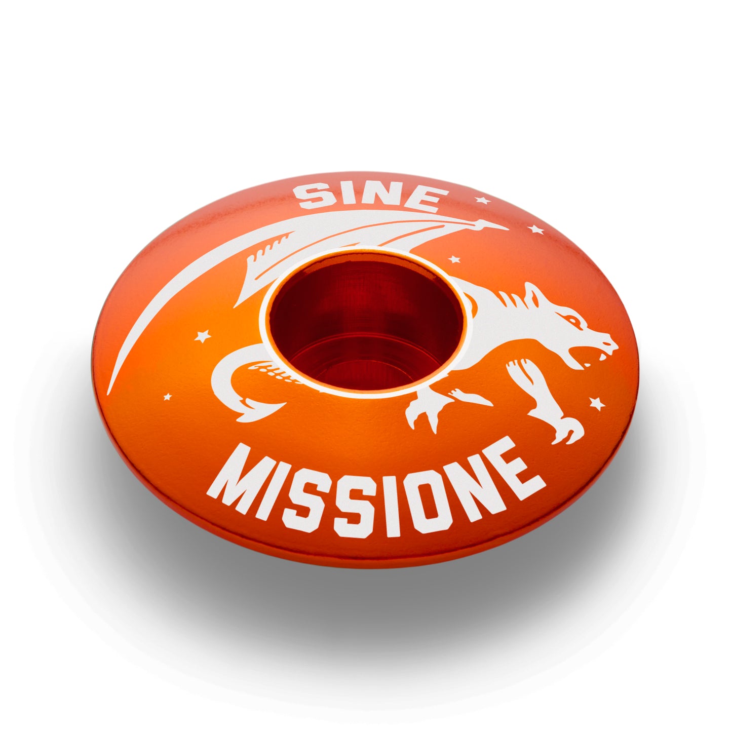 Orange headset top cap with Gargoyle mascot for cycling personalization.