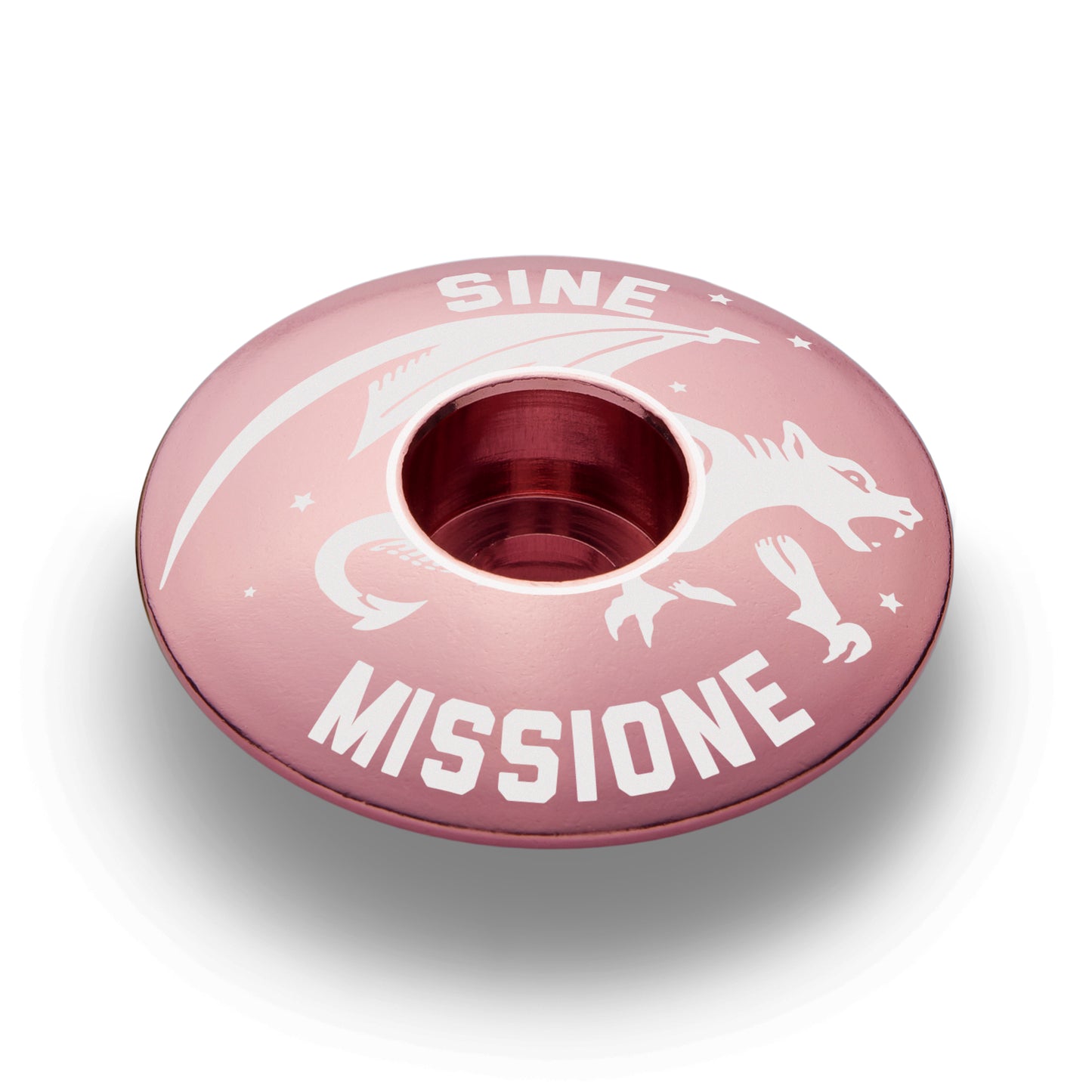 Pink bike stem cap with Gargoyle design for custom bicycle accessories.