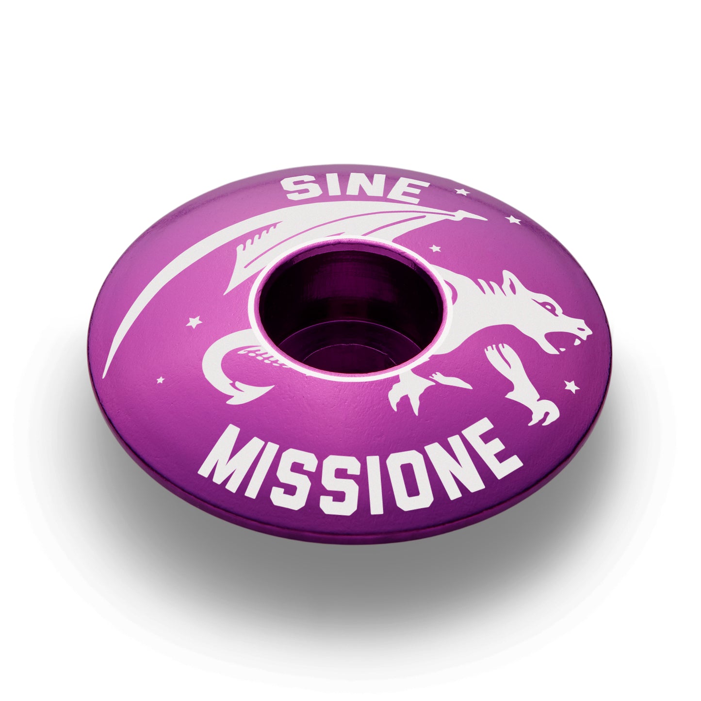 Purple bike headset top cover with Gargoyle design for a unique look.