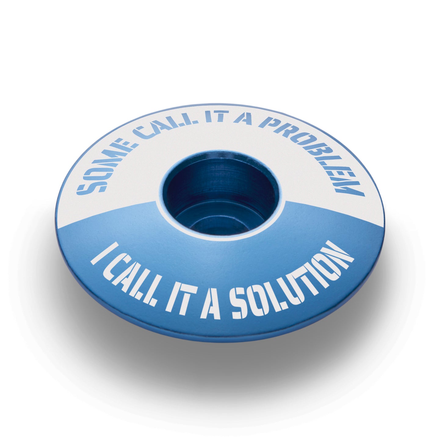 Blue bike headset cap designed to personalize your bike stem with a custom top cap.