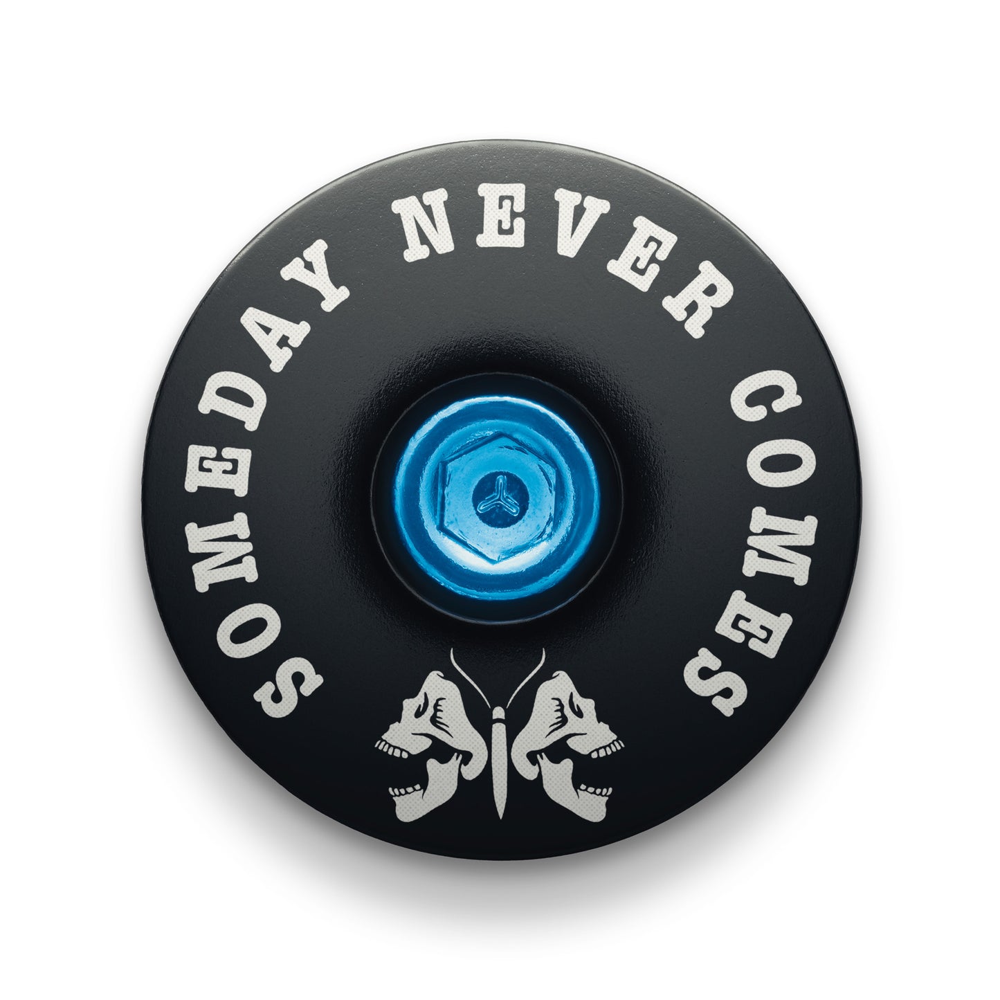 Black bicycle headset cap with a death moth design for mountain bike customization.