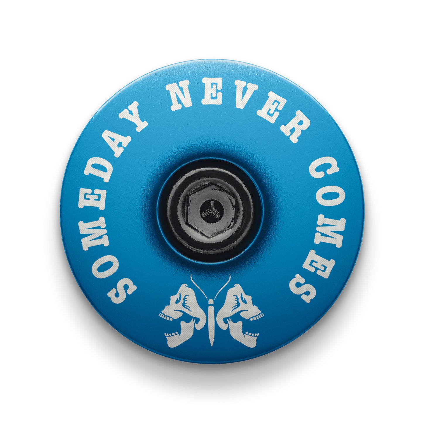 Blue bicycle headset cap with a death moth design for mountain bike customization.