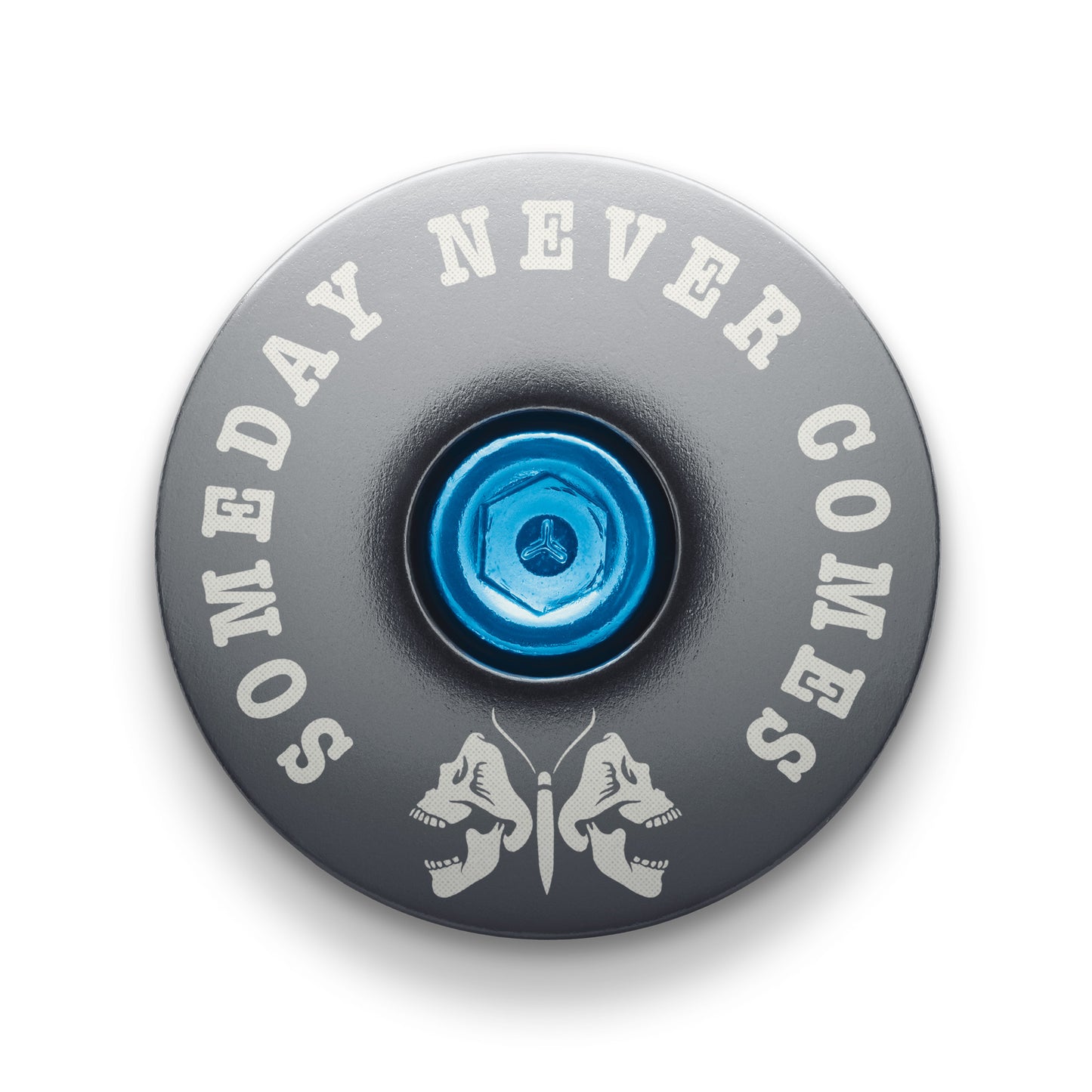 Gray bicycle headset cap with a death moth design for mountain bike customization.