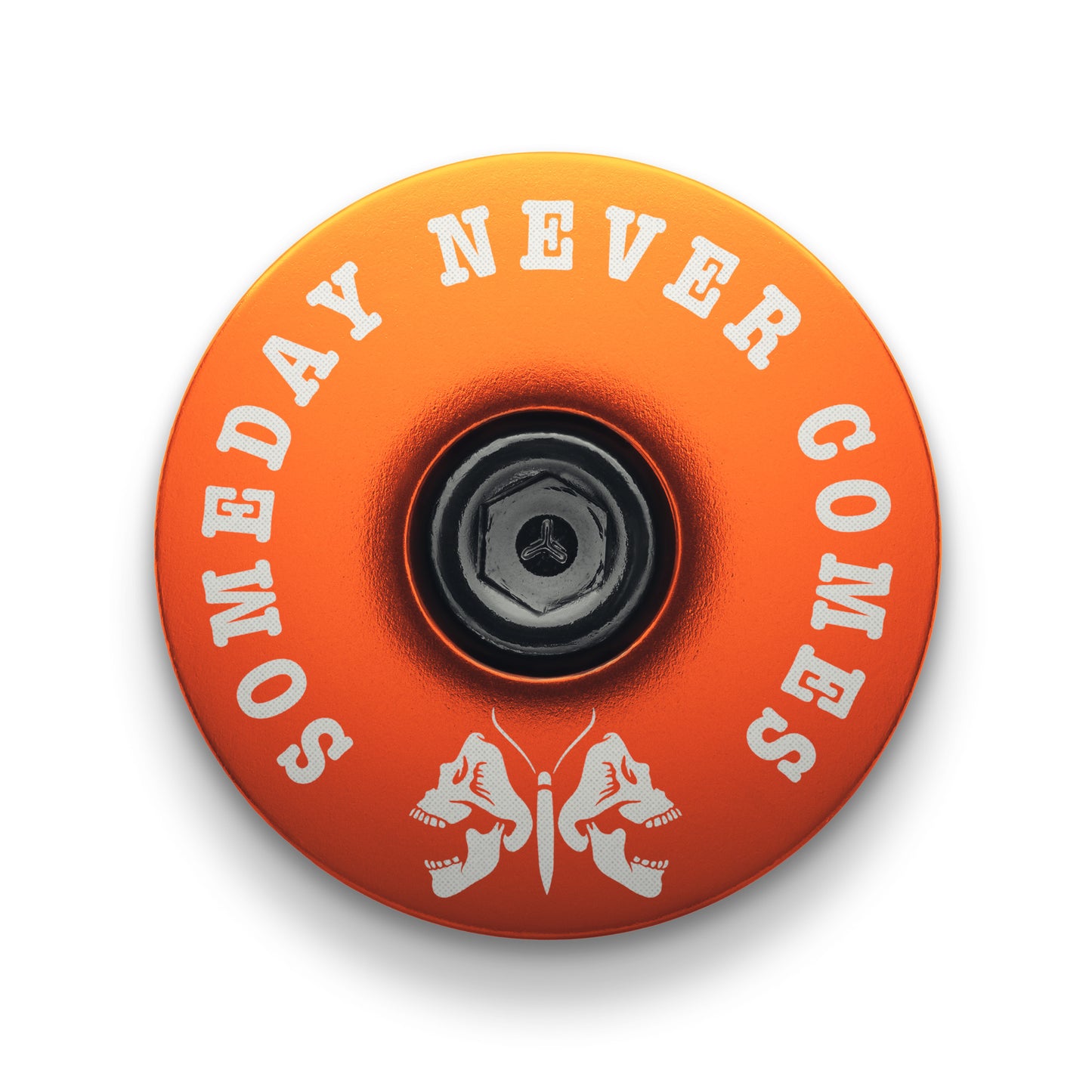 Orange bicycle headset cap with a death moth design for mountain bike customization.