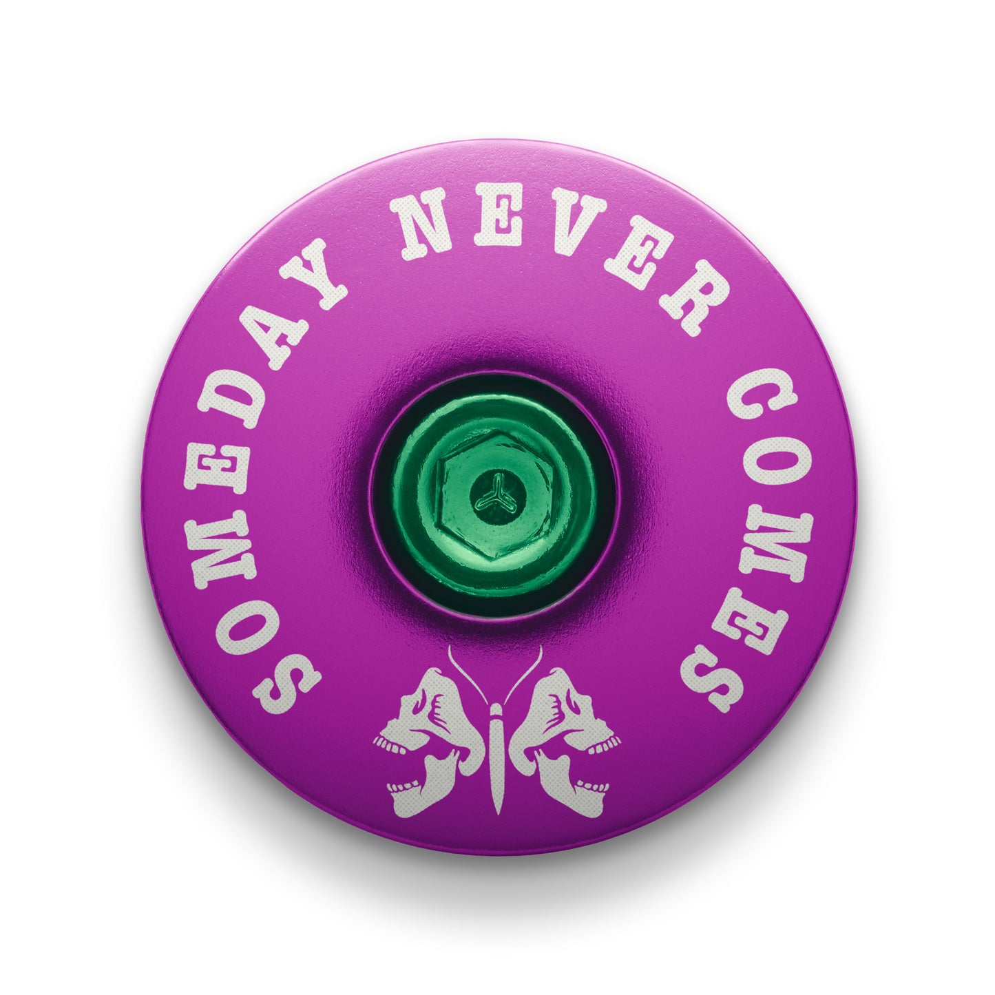 Purple bicycle headset cap with a death moth design for mountain bike customization.