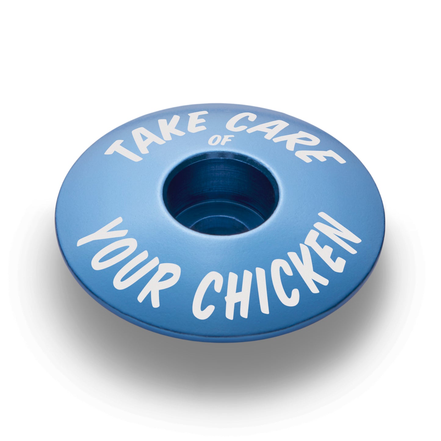 Blue bicycle headset cap for 1 1/8 inch steerer tubes made from durable aluminum for bike customization.