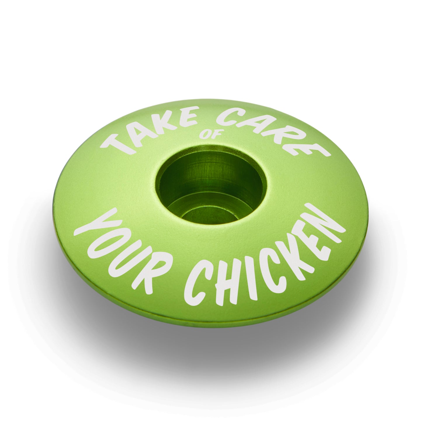 Lime green bicycle headset cap for 1 1/8 inch steerer tubes made from durable aluminum for bike customization.