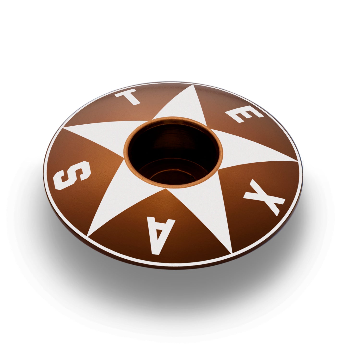 Brown custom bicycle stem cap with a Texas star in the center.