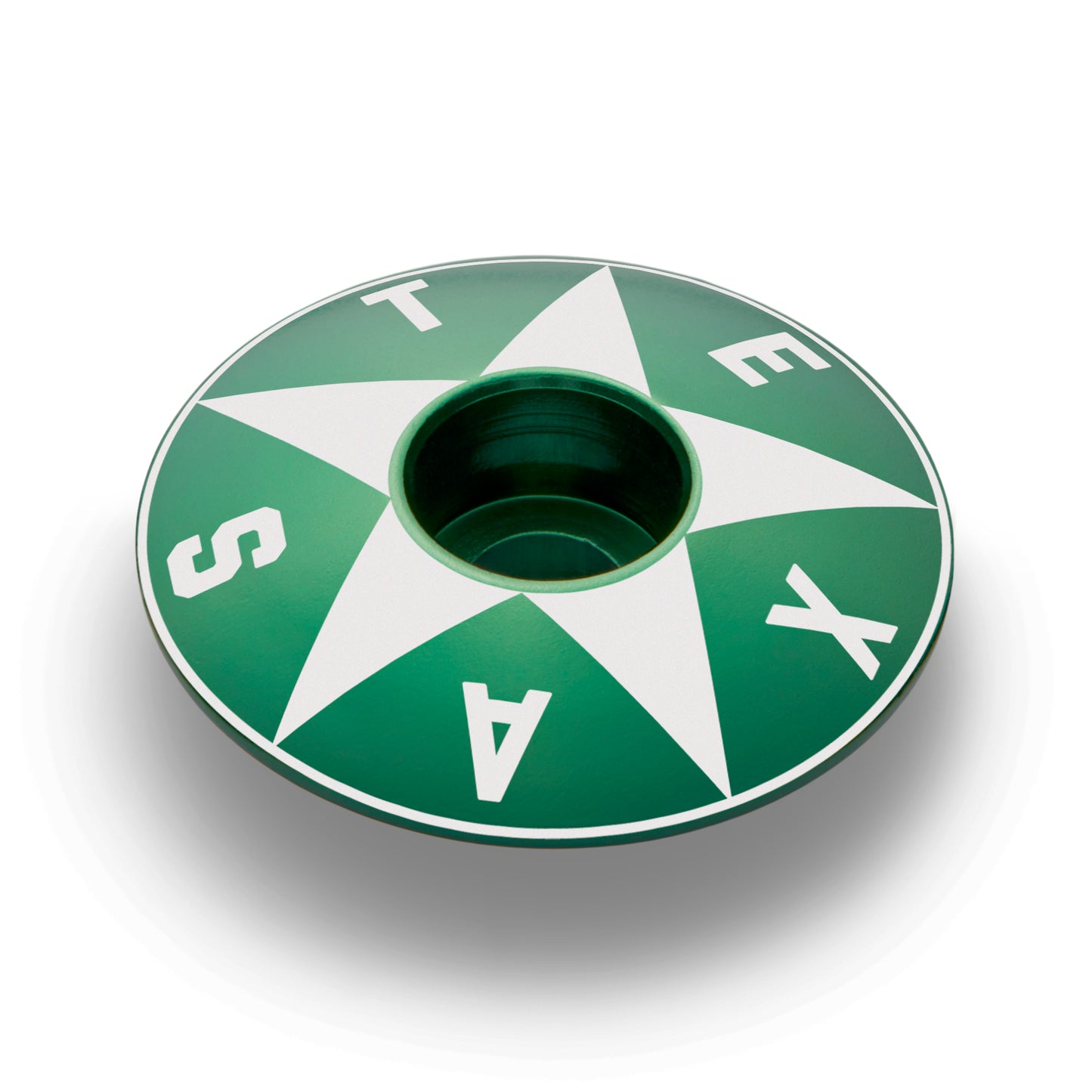 Dark green bicycle stem cap showcasing a centered Texas star design.