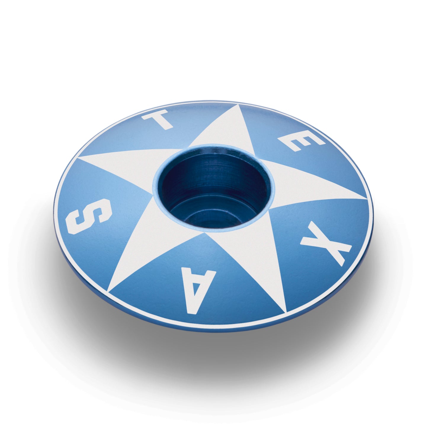 Blue custom stem cap featuring a Texas star surrounded by text.