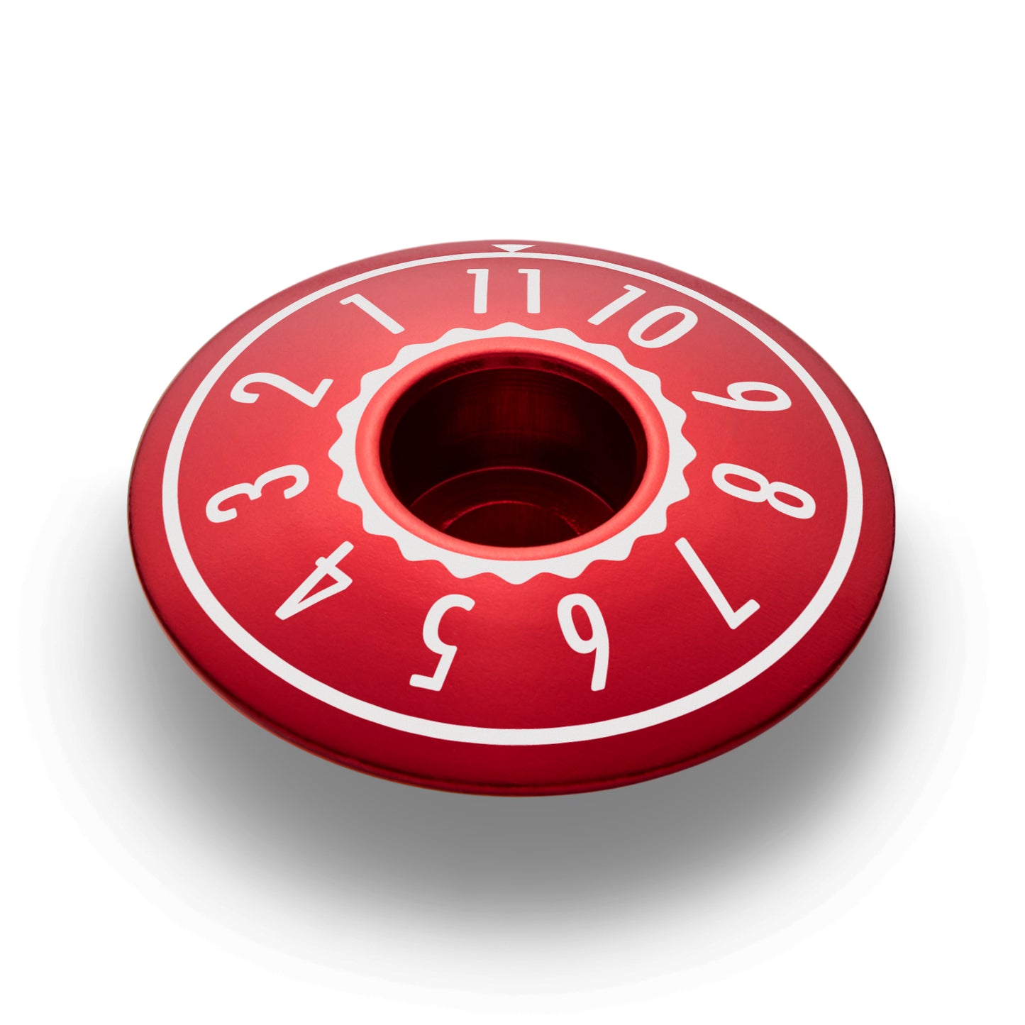 The red top cap for a 1 1/8" bike stem, is a custom addition for any mountain bike stem cap.