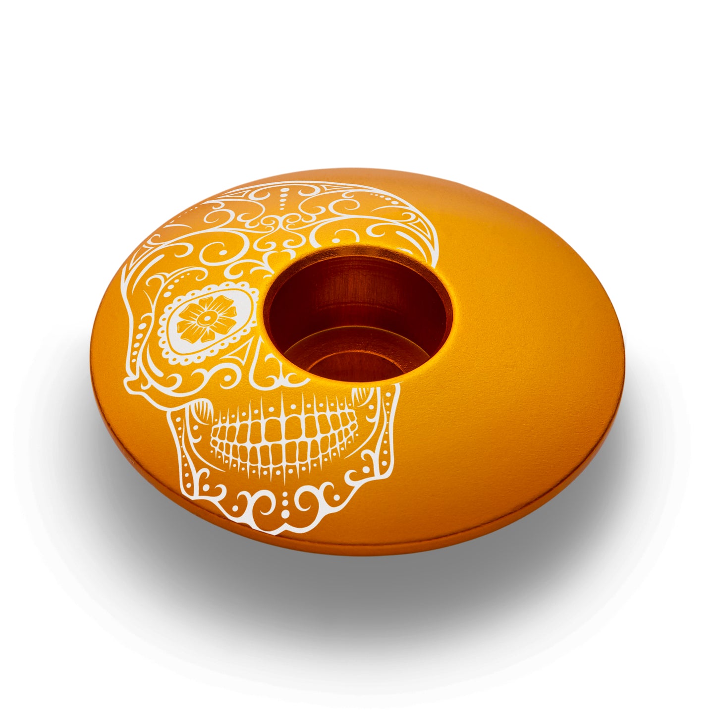 Vía de Muertos gold bike headset cap, custom stem cap for cycling, bike components.