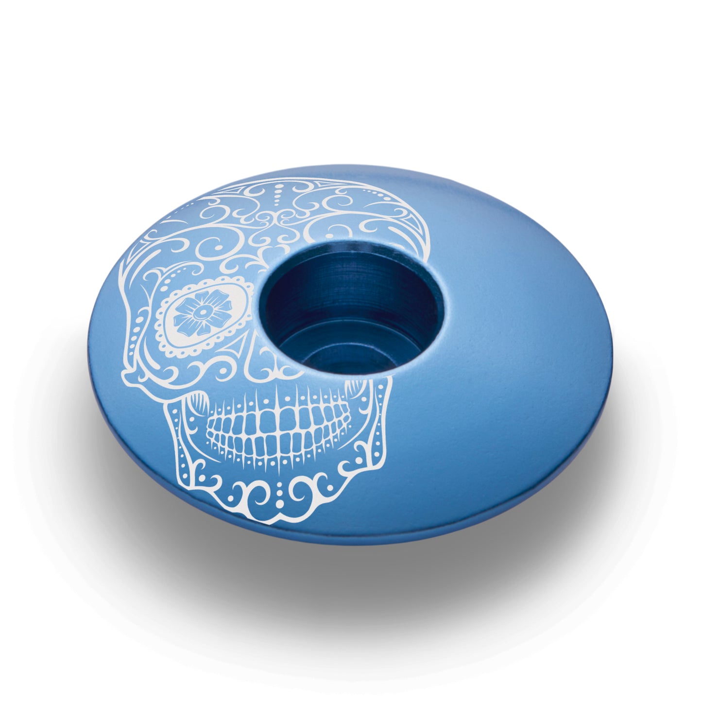 Vía de Muertos blue bike headset top cap, custom stem cap, bicycle stem caps.