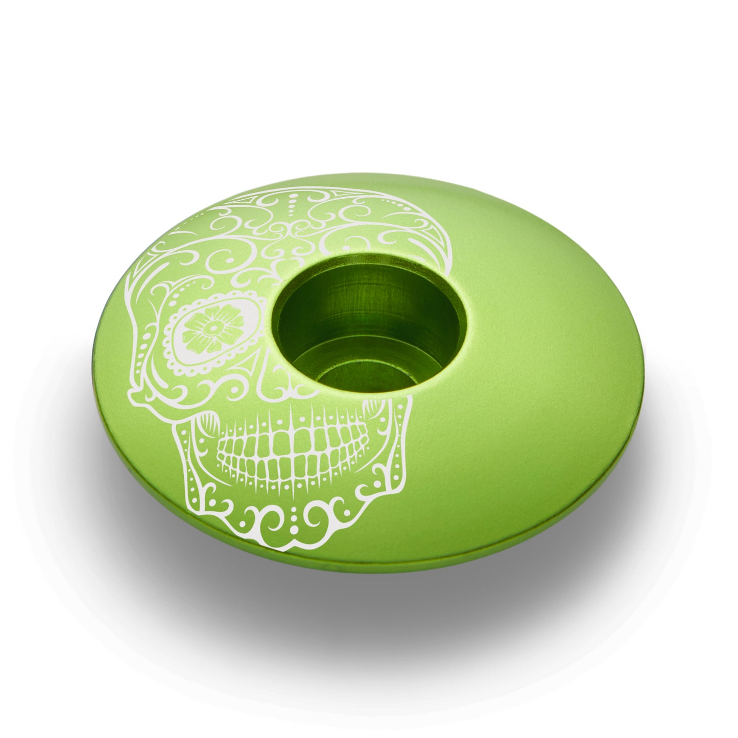 Vía de Muertos lime green bicycle stem cap, custom headset cap, bike components.