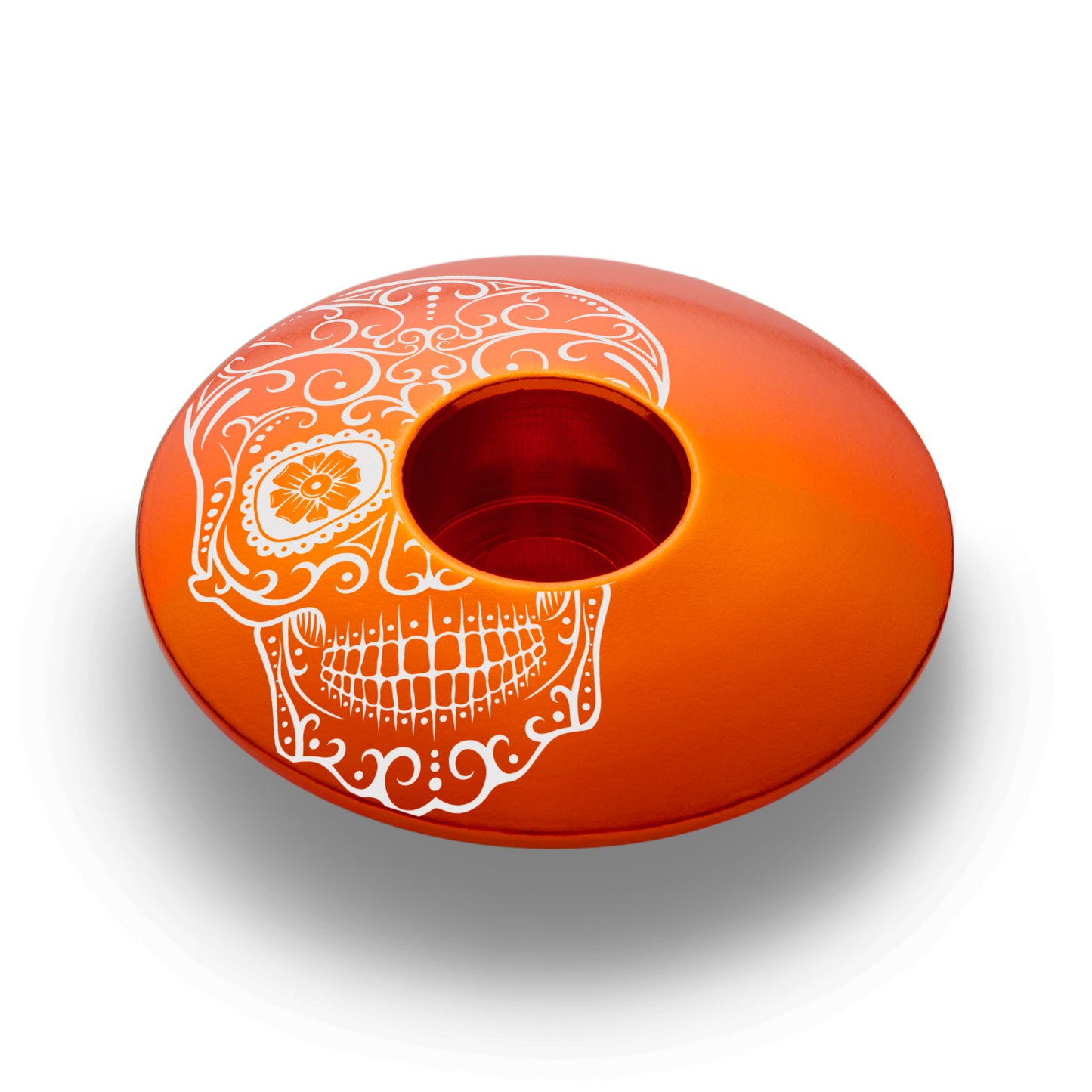 Vía de Muertos orange bicycle stem cap, custom bike headset top cap, cycling bike components.