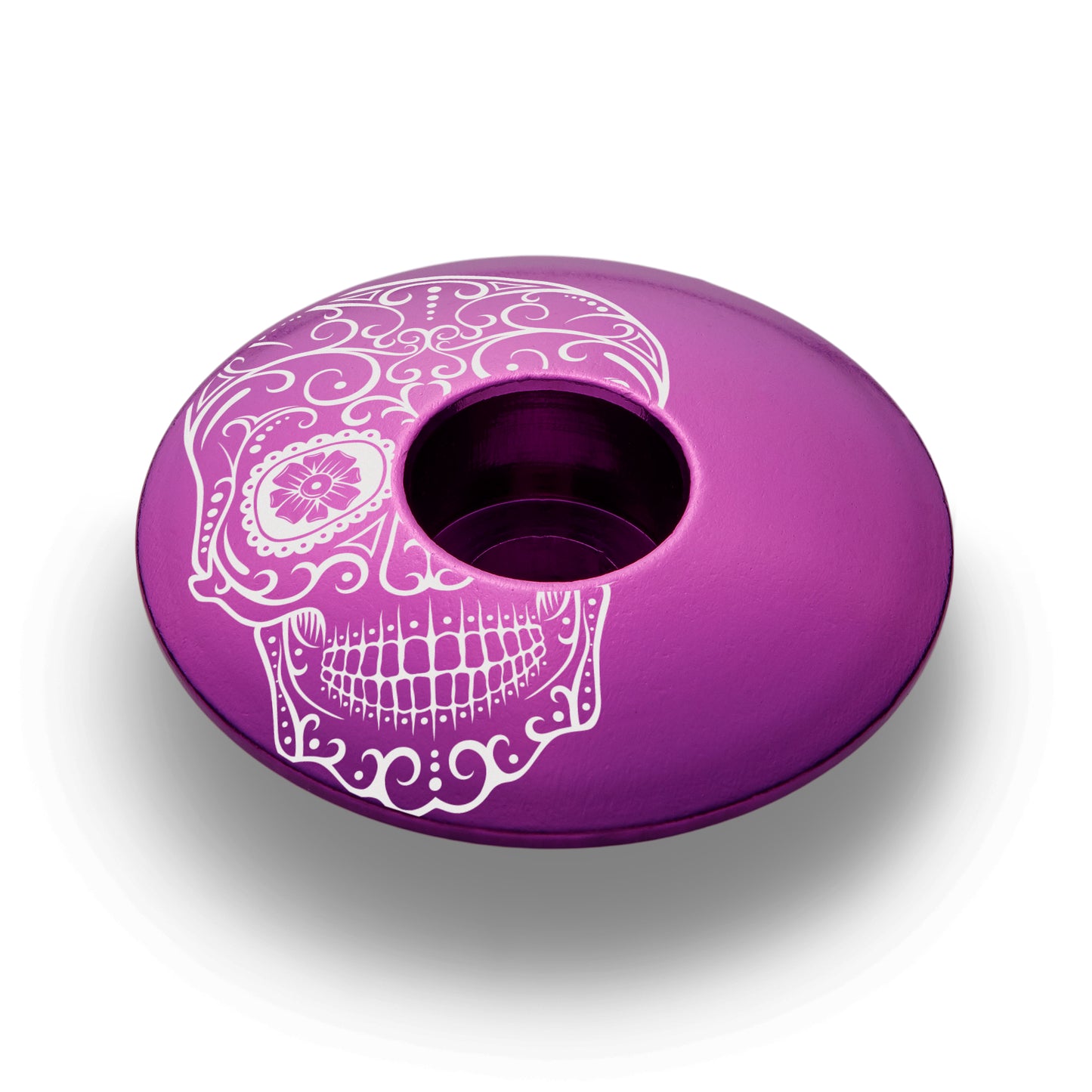 Vía de Muertos purple bike stem cap, custom headset top cap, bicycle equipment.
