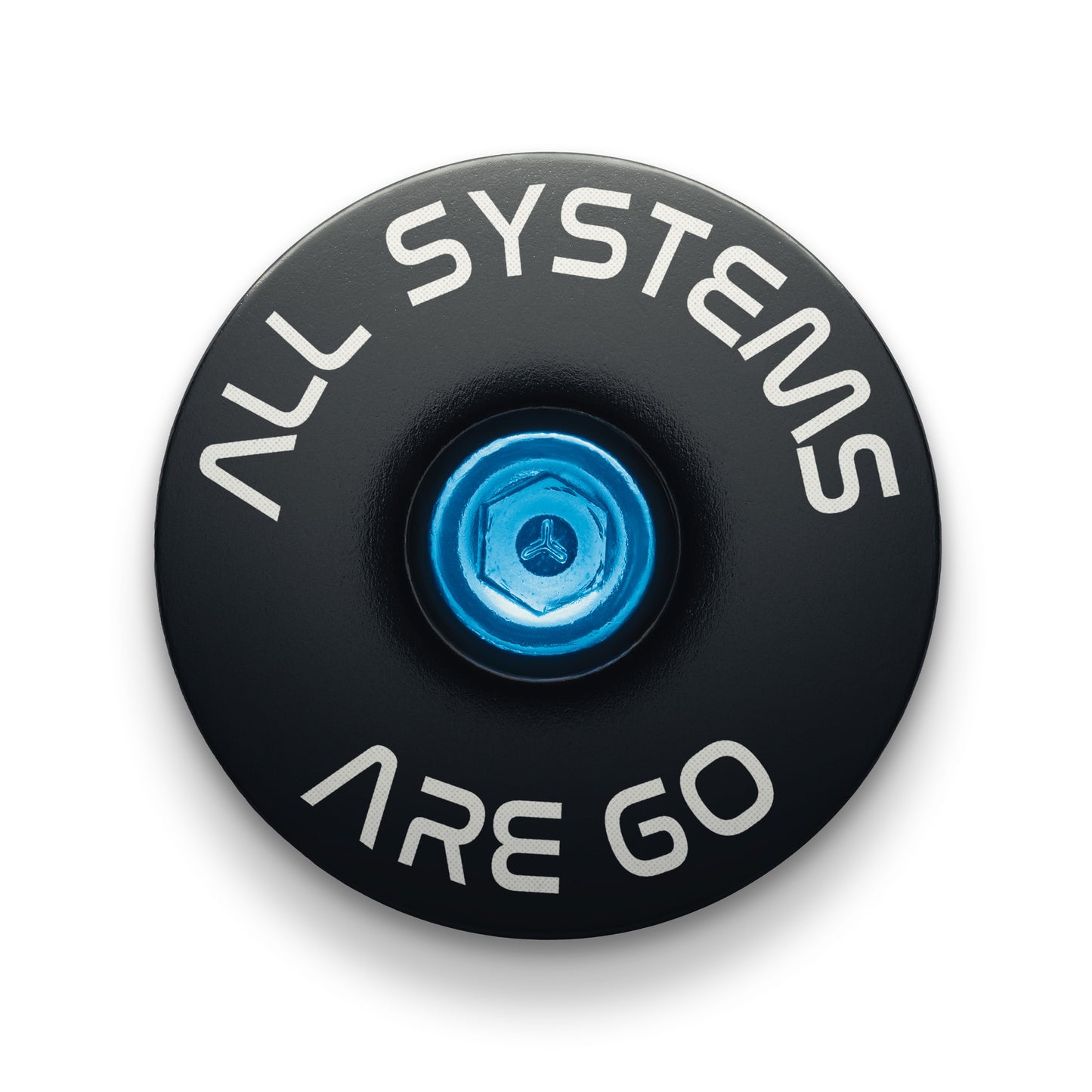 Black bicycle headset cap with "All Systems Are Go" laser engraving for custom bikes.