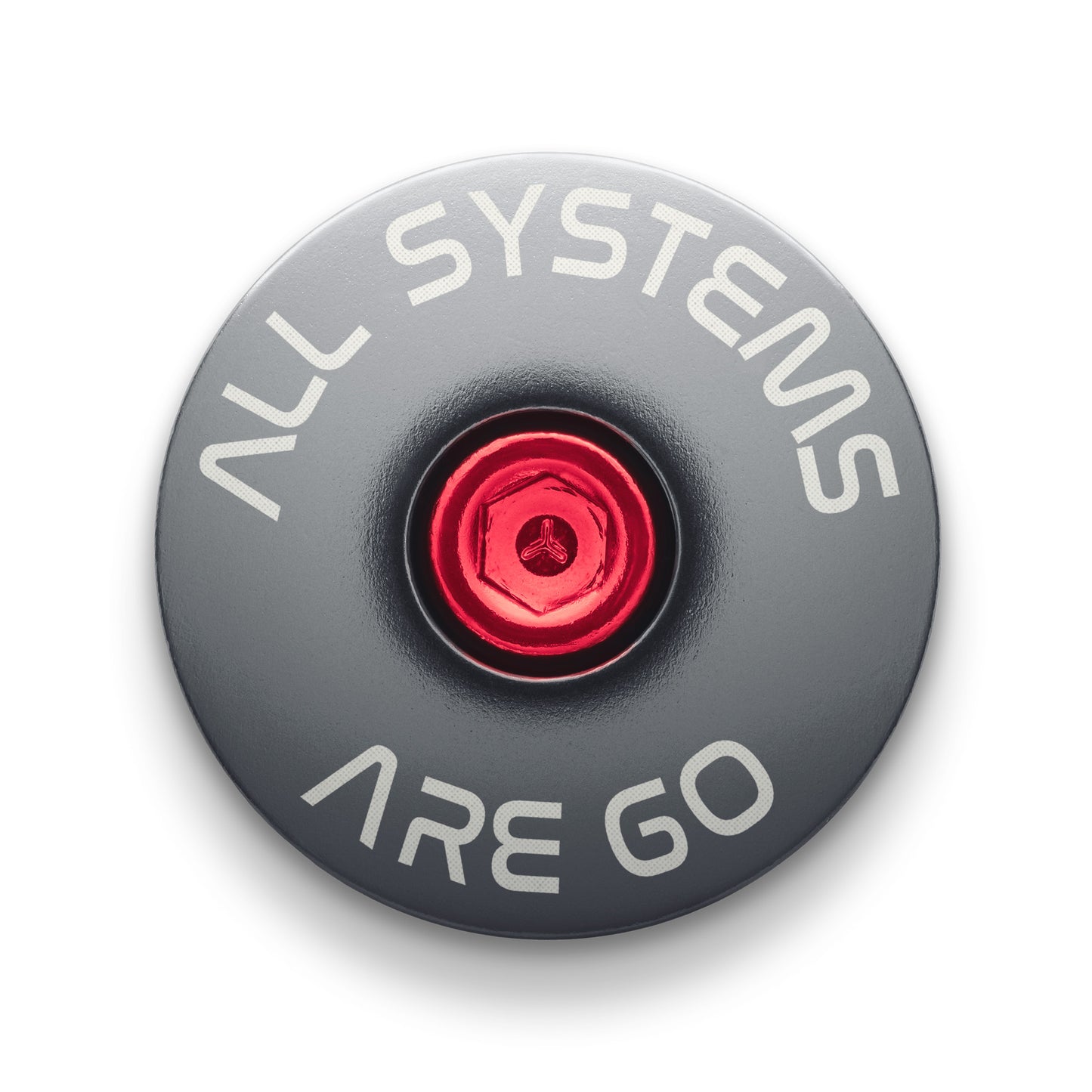 Black bike stem cap with "All Systems Are Go" laser engraving for custom bikes.