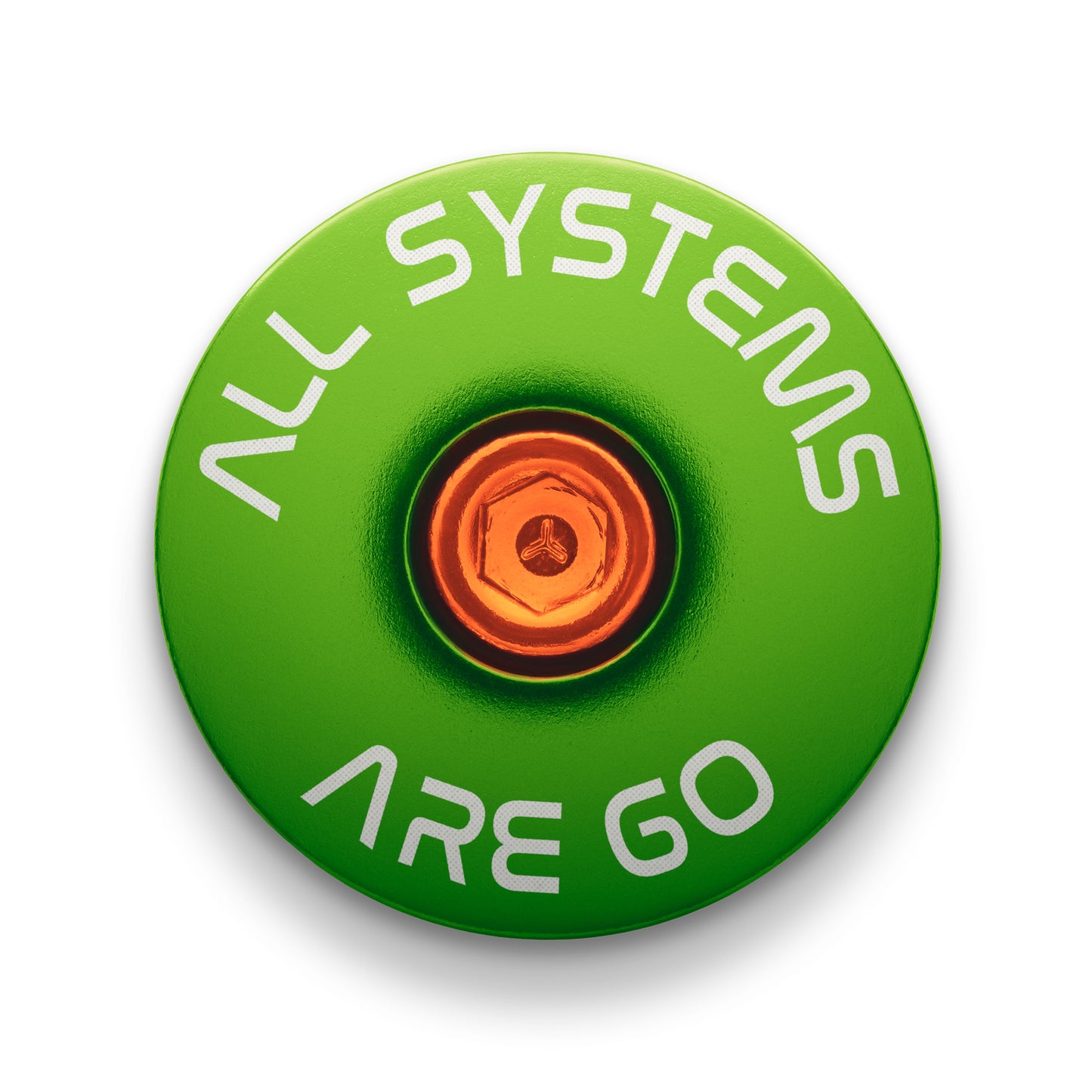Green bicycle top cap engraved with "All Systems Are Go" for custom bike upgrades.