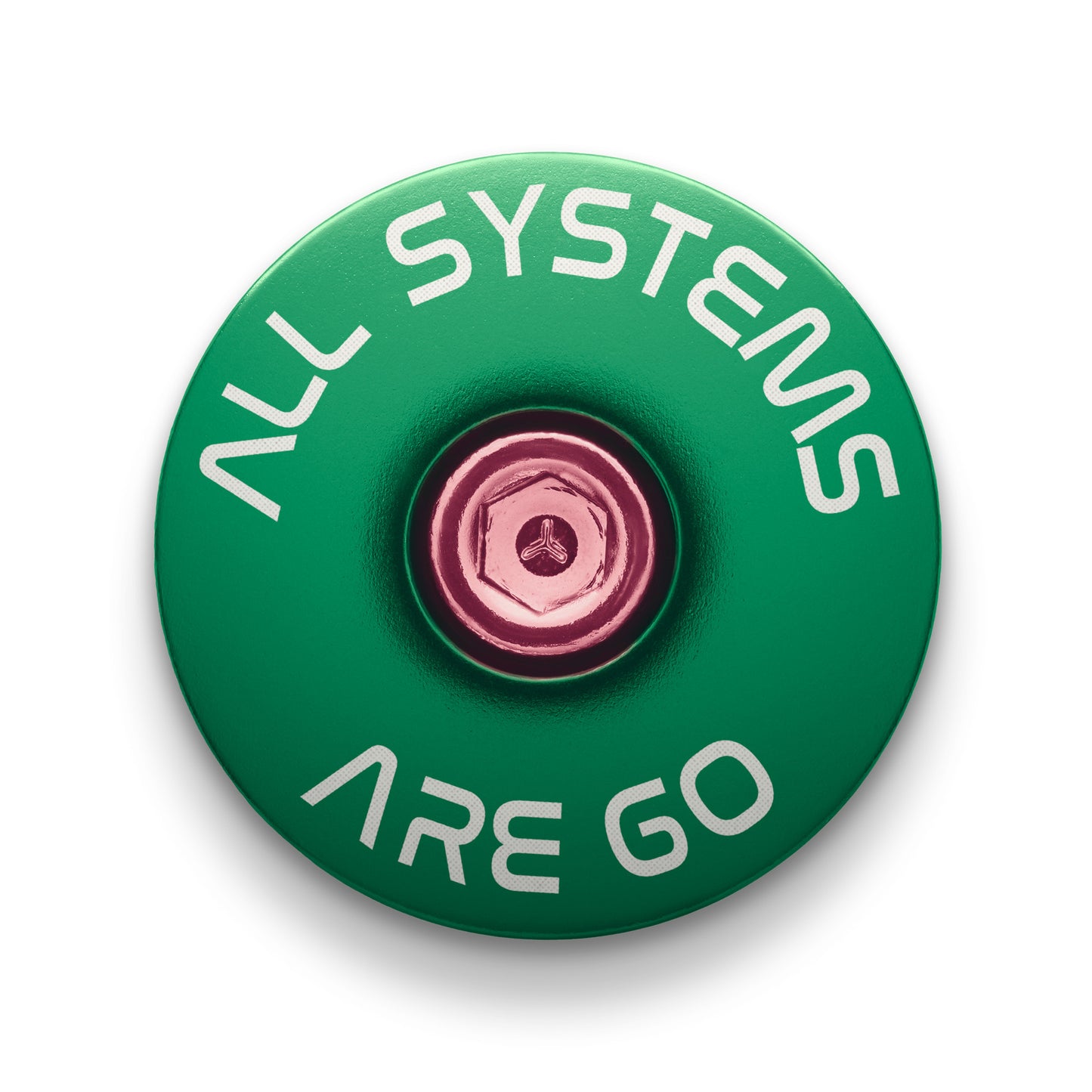 Green bicycle top cap engraved with "All Systems Are Go" for custom bike upgrades.