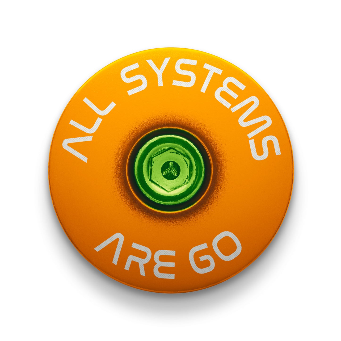 Orange anodized bicycle headset cap with "All Systems Are Go" engraving for bike components.