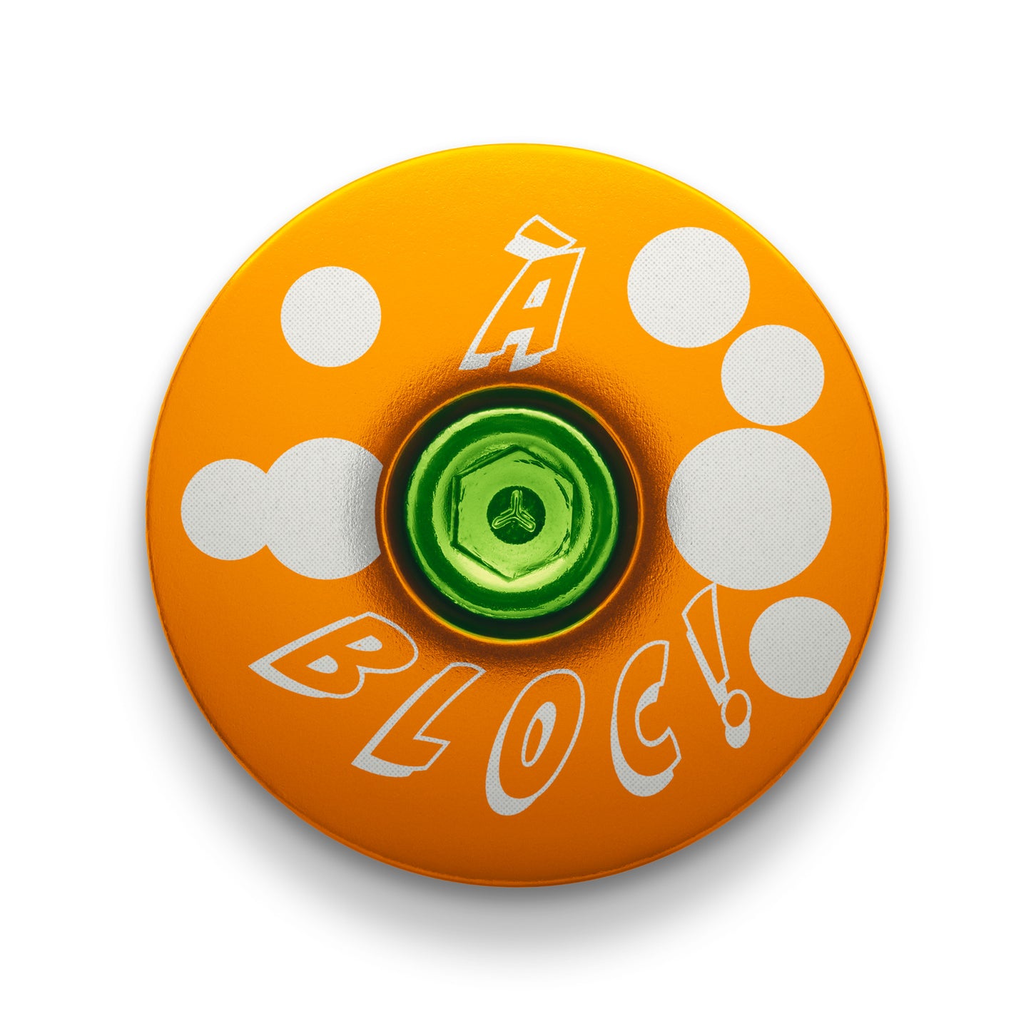 Detailed view of laser engraved à Bloc headset cap, part of personalized bicycle equipment.