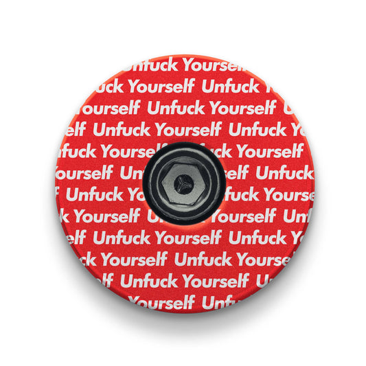 Unfuck Yourself Limited Edition Bicycle Headset Cap - top cap for bicycles with a "UNFUCK YOURSELF" design made for custom cycling accessories.