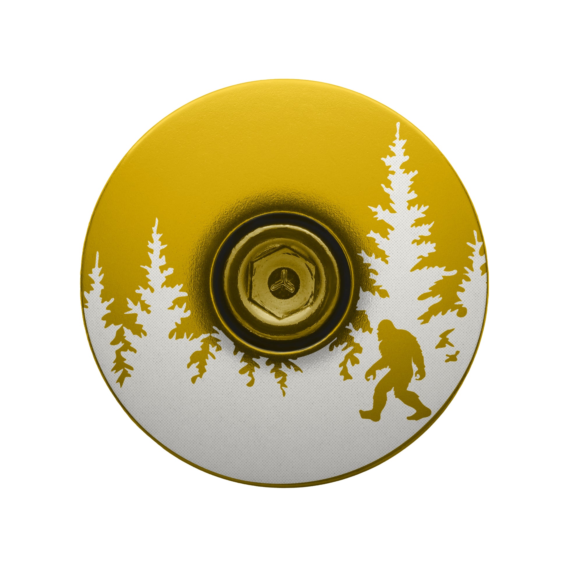 Gold bike headset cap with laser-engraved Bigfoot design ideal for unique cycling gear.
