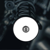 Throwback White NO TEXT/IMAGE-Black bike bar end plugs with matching headset cap and bolt designed for road or mountain bikes