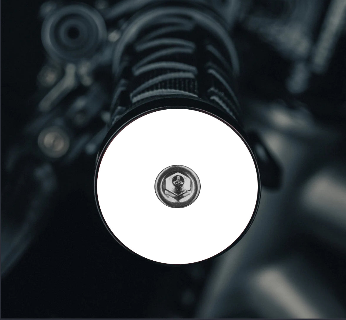 Throwback White NO TEXT/IMAGE-Black bike bar end plugs with matching headset cap and bolt designed for road or mountain bikes