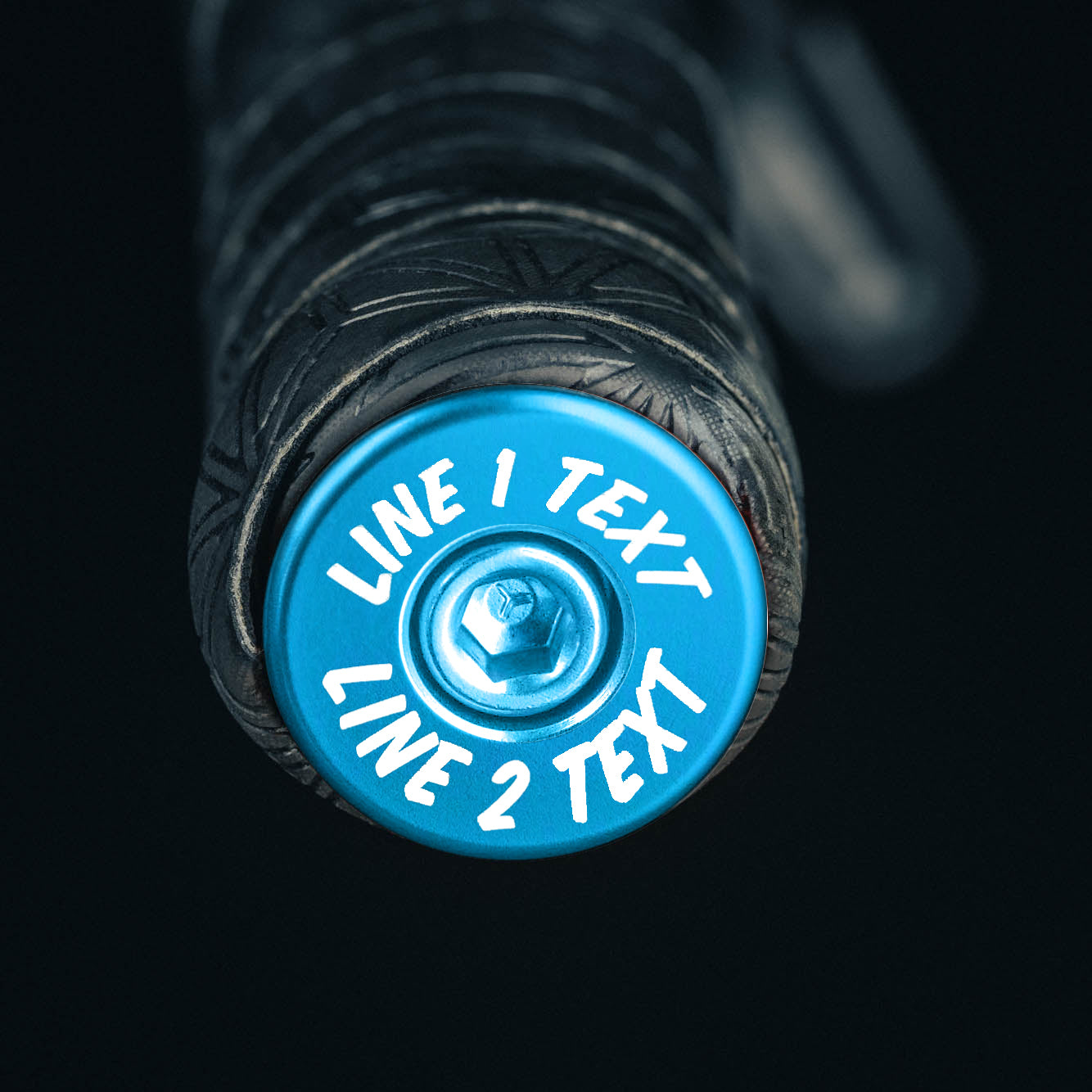 Custom light blue bar end plugs, personalize your bike with this unique top cap design.