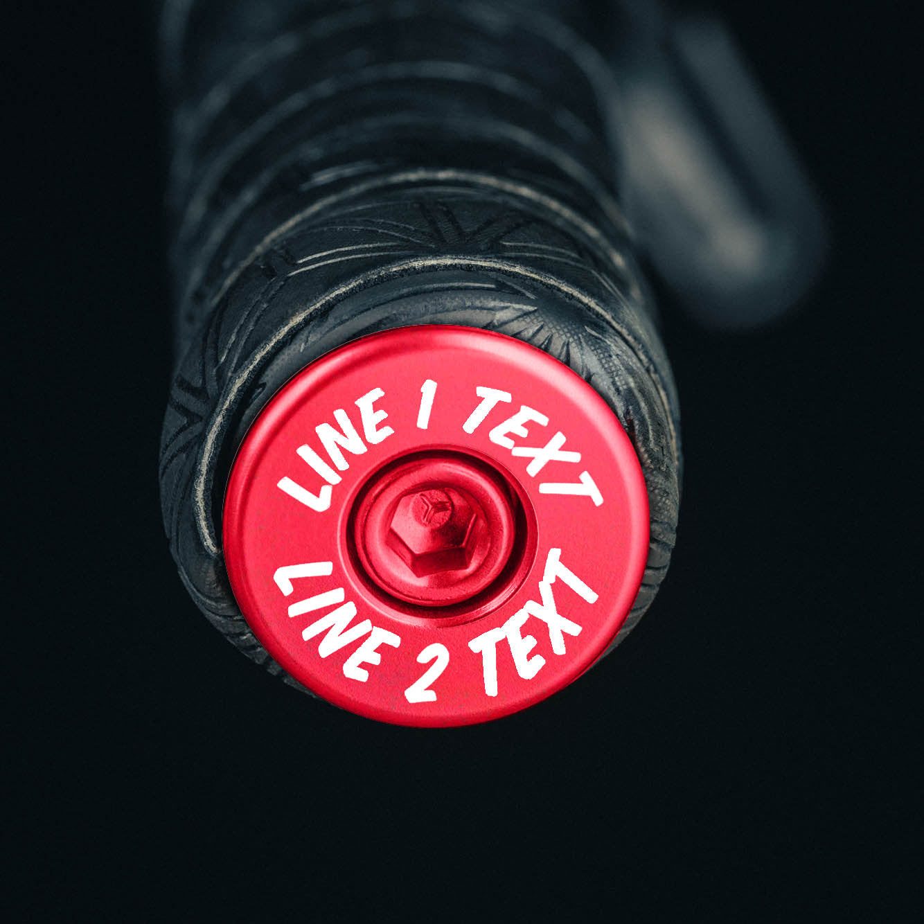 Custom red bar end plugs for cyclists, fits bike stem caps for a customized touch.