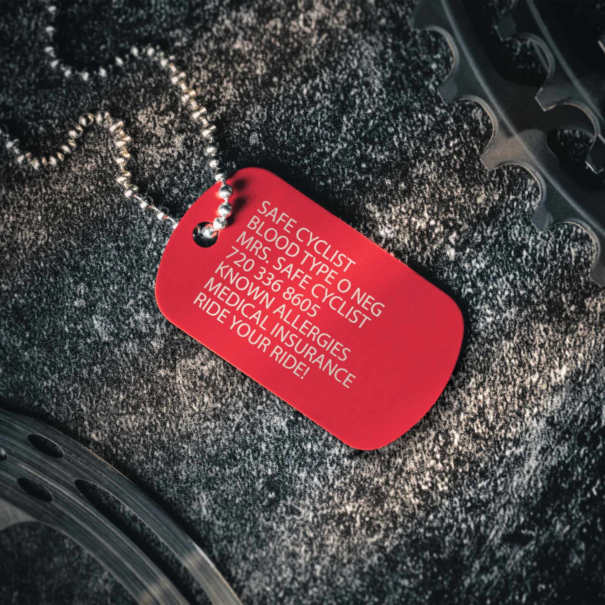 EMERGENCY IDENTIFICATION Bicycle Safety ID Dog Tag Necklace for cyclist