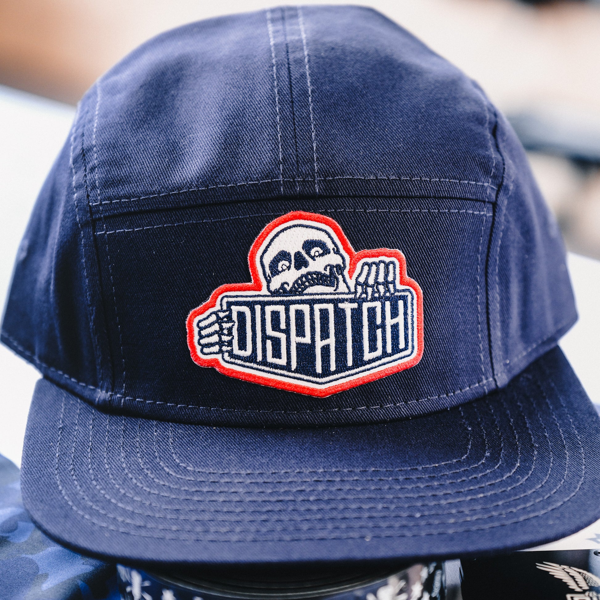 Dispatch Red White & Blue Skalli Badge 5 Panel Hat for cycle lovers.